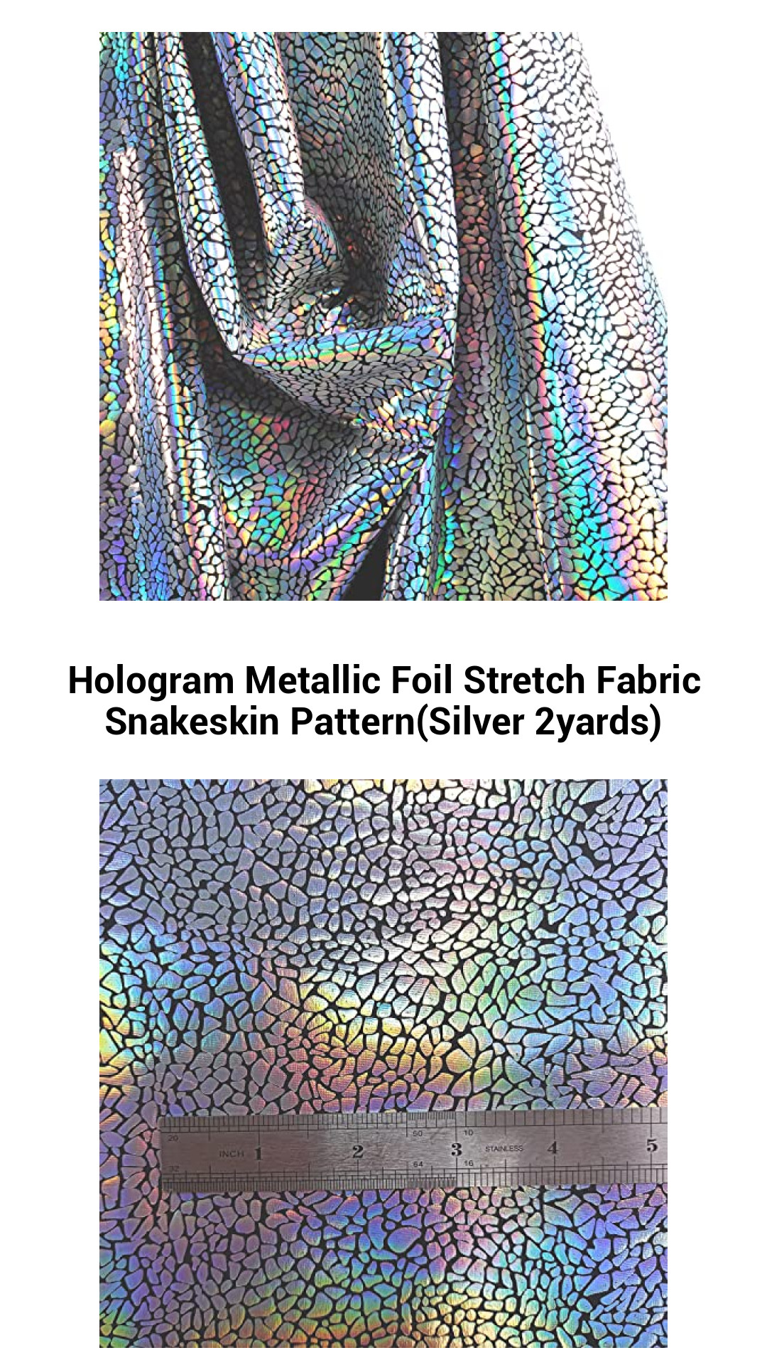 Iridescent Silver Snakeskin Stretch Fabric - Holographic Metallic Foil, 2 Yards of Glamorous Versatility