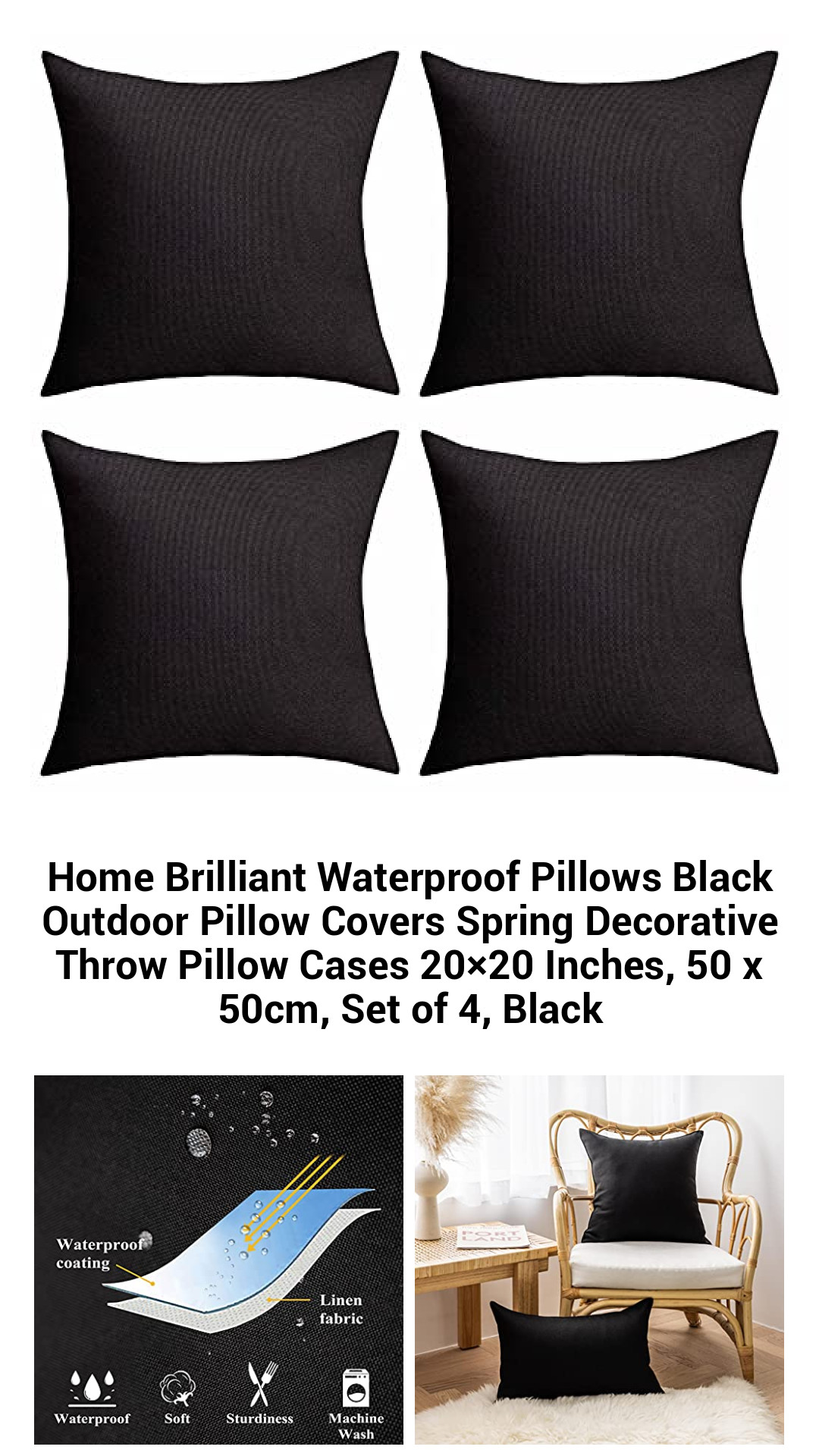 Elegant Black Waterproof Pillow Covers for Indoor and Outdoor Use – Set of 4 Decorative Throw Pillow Cases, 20x20 Inches, Perfect for Spring Refresh