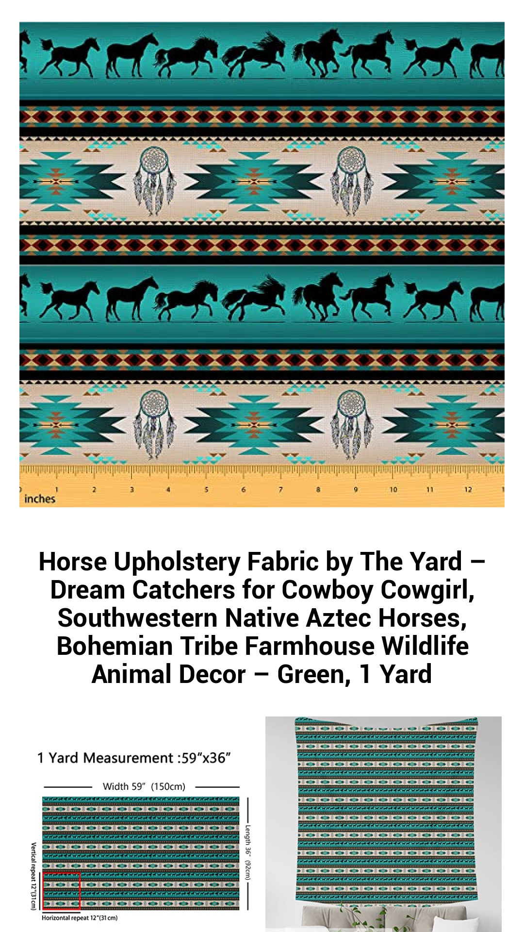 Premium Horse Upholstery Fabric - Dream Catchers Design for Cowboy and Cowgirl Decor, Southwestern Aztec Patterns, Bohemian Wildlife Theme, 1 Yard of Versatile Green Fabric