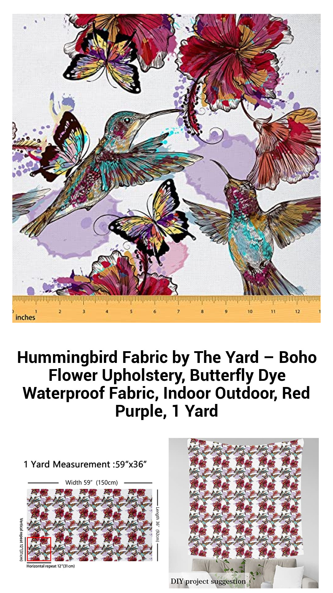 Vibrant Hummingbird Waterproof Fabric by The Yard – Boho Floral Upholstery for Indoor & Outdoor Decor, Perfect for DIY Projects in Red and Purple