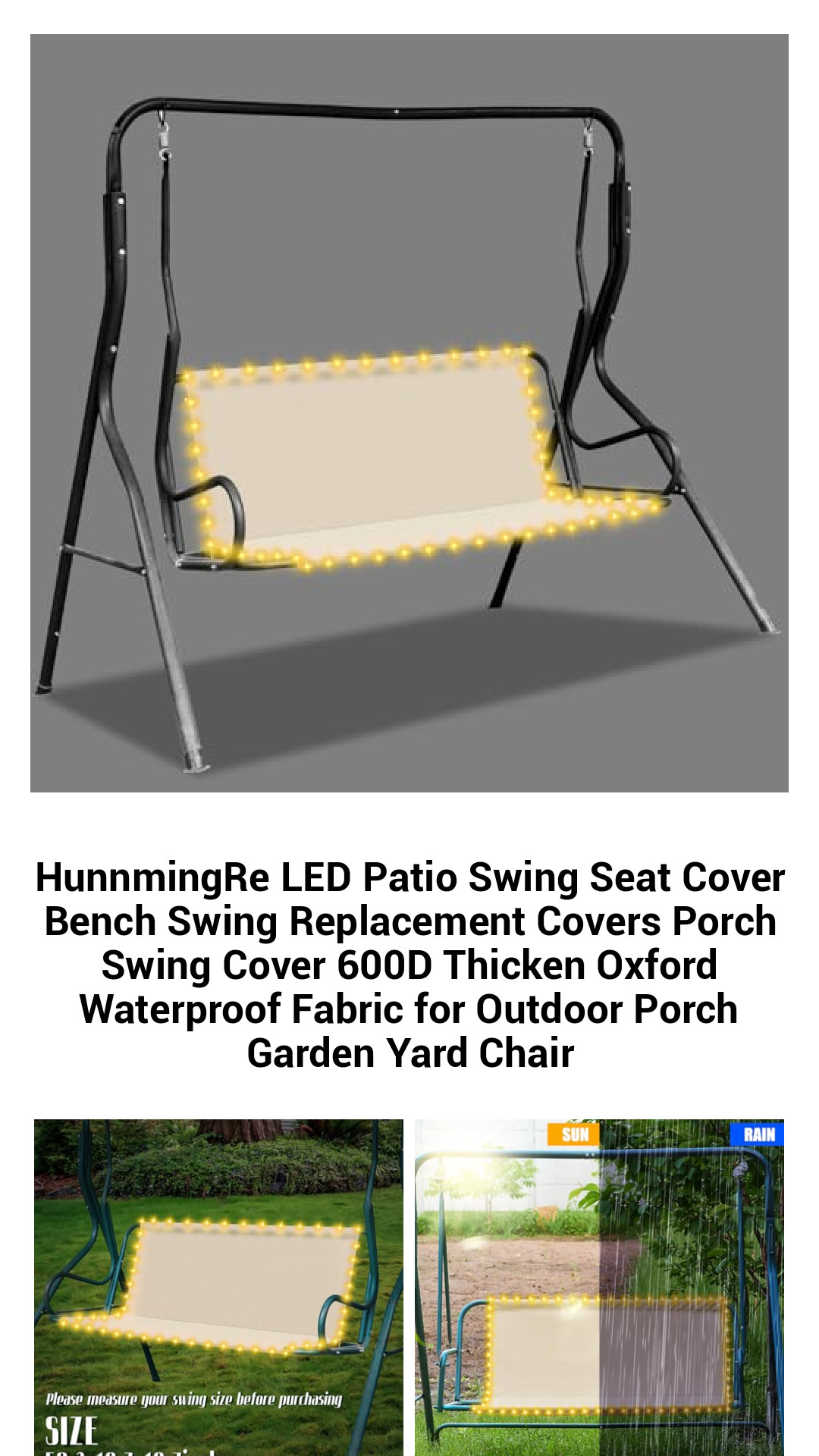 Premium LED Waterproof Patio Swing Cover - 600D Oxford Fabric Replacement for Outdoor Garden Swings