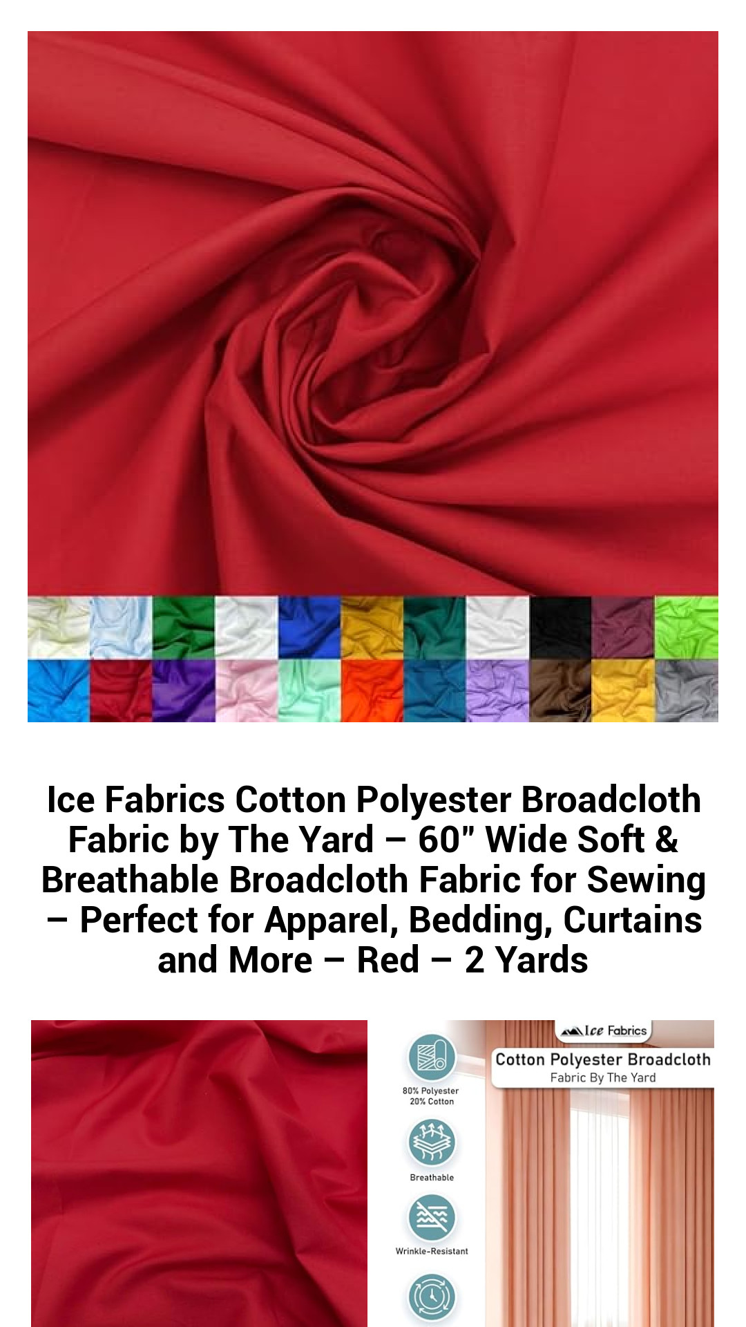 Luxurious Cotton-Polyester Broadcloth Fabric - 60" Wide, Soft & Breathable, Perfect for Apparel, Bedding, Curtains & More - Vibrant Red - Available by the Yard