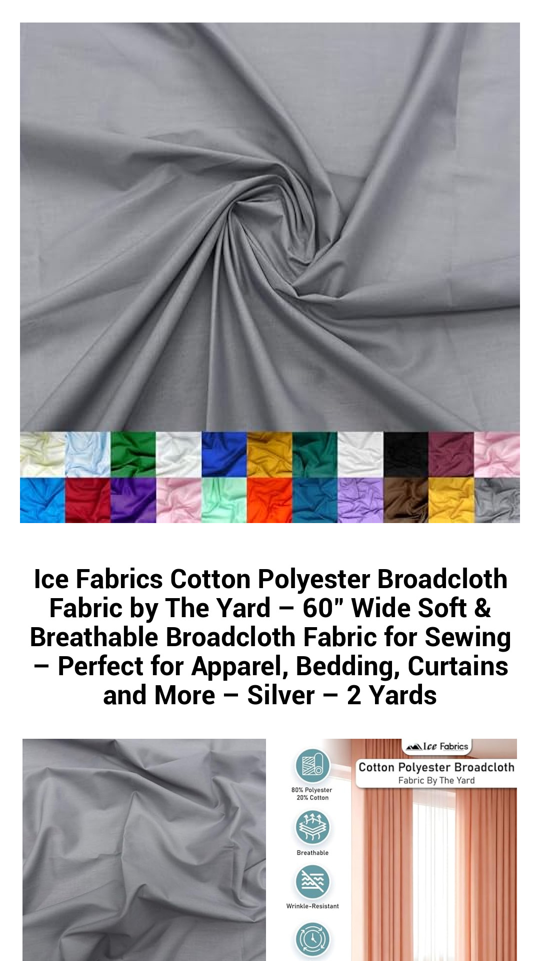 Silver Cotton-Polyester Broadcloth Fabric by the Yard – 60" Wide, Soft & Breathable for Apparel, Bedding, & Home Décor – Perfect for Any Sewing Project