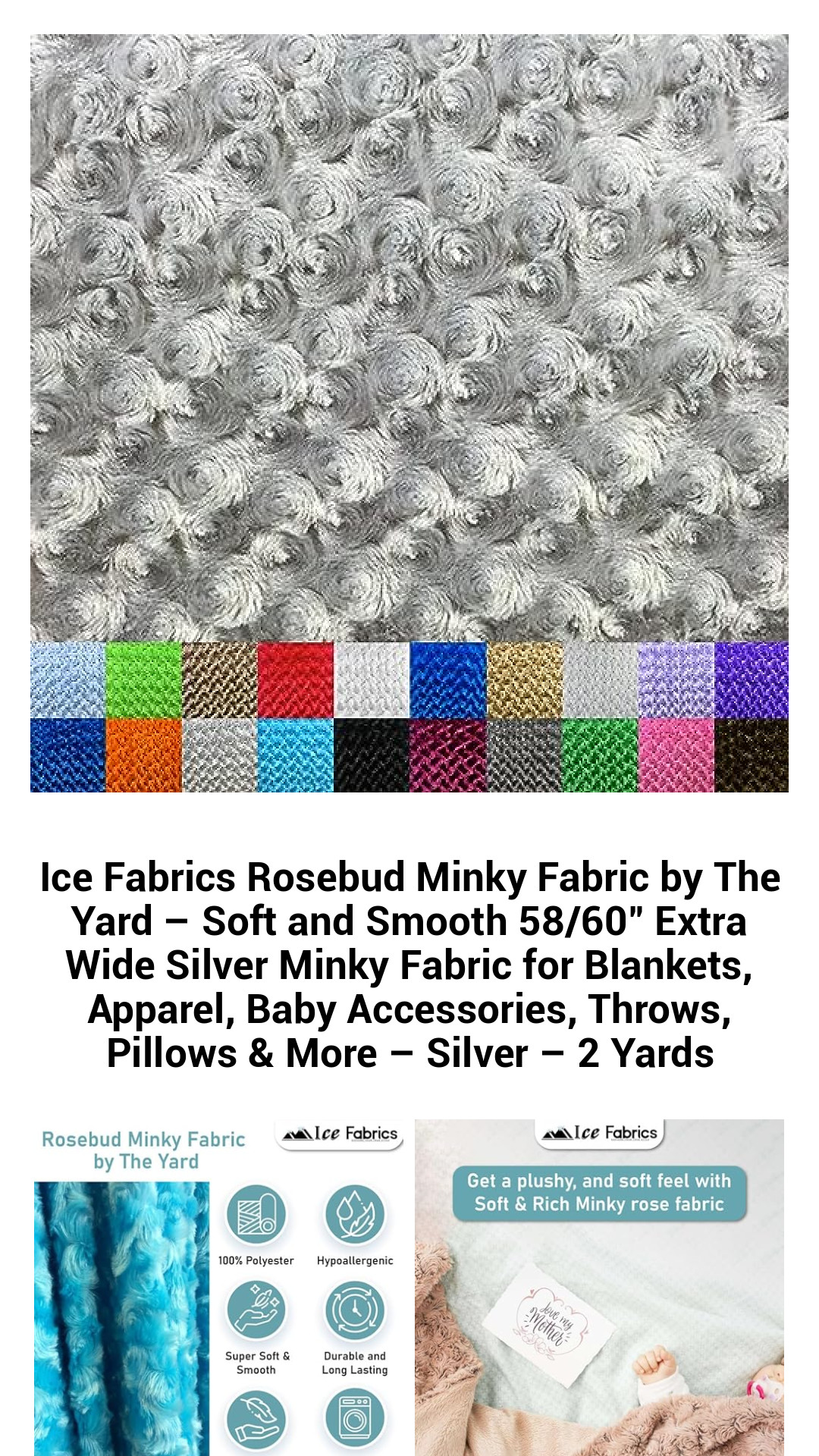 Luxurious Rosebud Minky Fabric by The Yard – Extra Wide Soft Silver Fabric for Cozy Blankets, Stylish Apparel, Baby Accessories & More