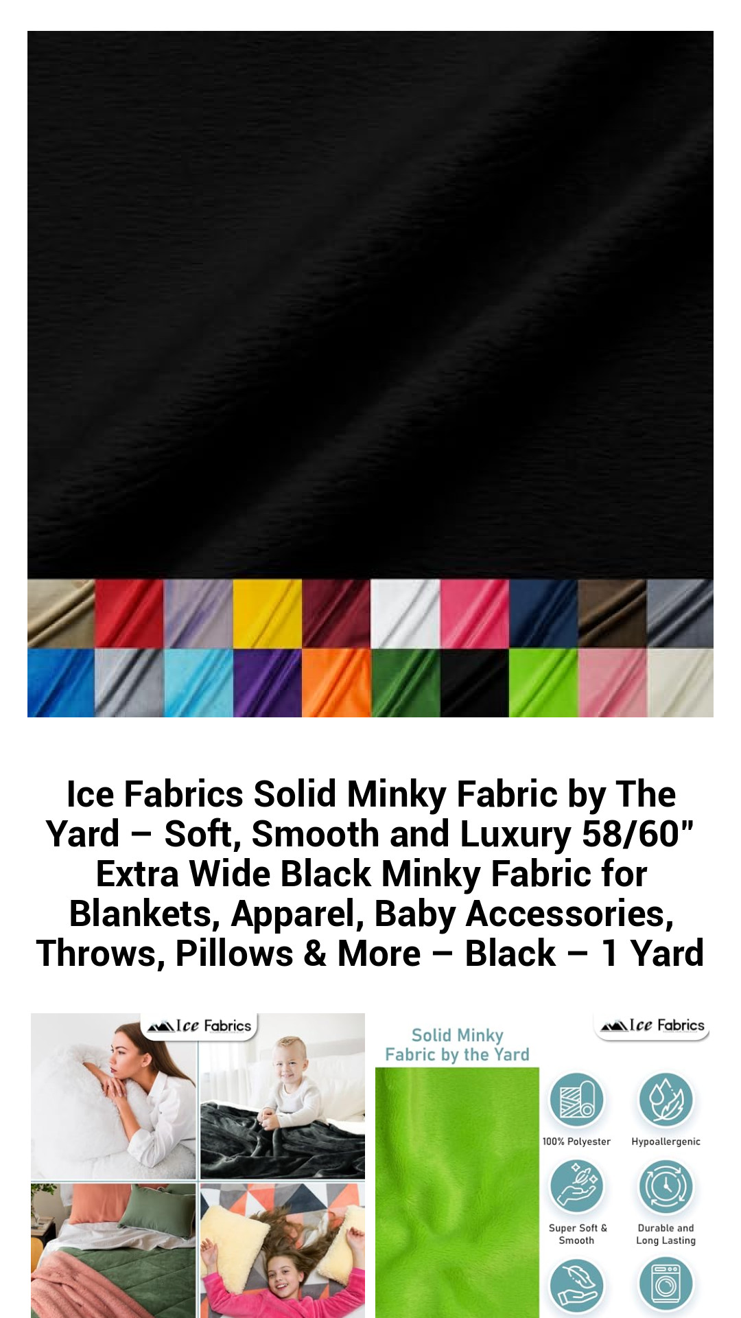 Luxurious Black Minky Fabric by The Yard – Soft, Smooth, and Extra Wide 58/60" for Blankets, Apparel, and Home Décor