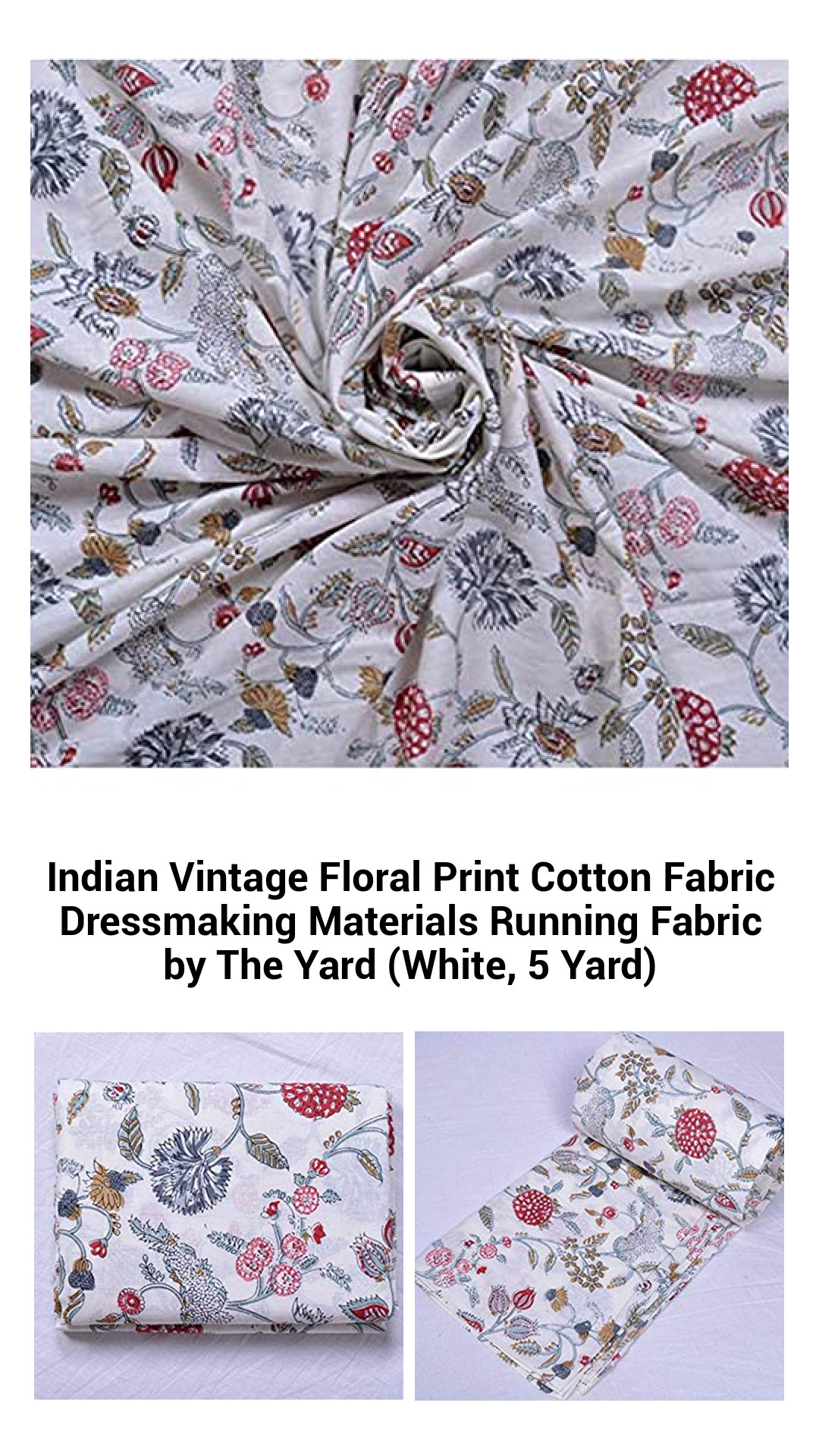 Premium Indian Vintage Floral Cotton Fabric – Elegant Dressmaking Material, 5 Yards of Lightweight Screen Printed Textile (White)