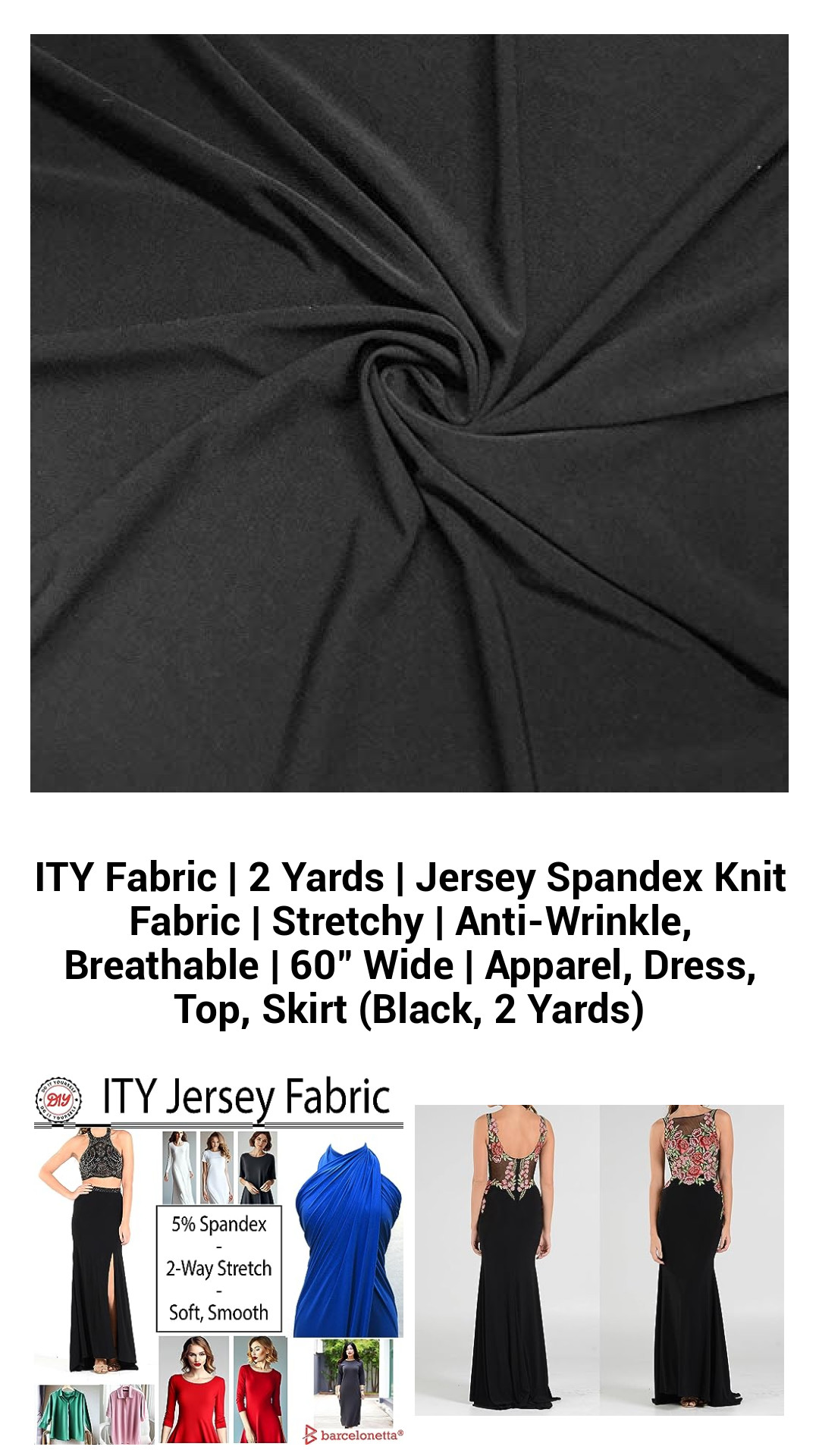 Premium ITY Jersey Spandex Knit Fabric – 2 Yards of Stretchy, Anti-Wrinkle Material for Versatile Apparel Creation (60" Wide, Black)