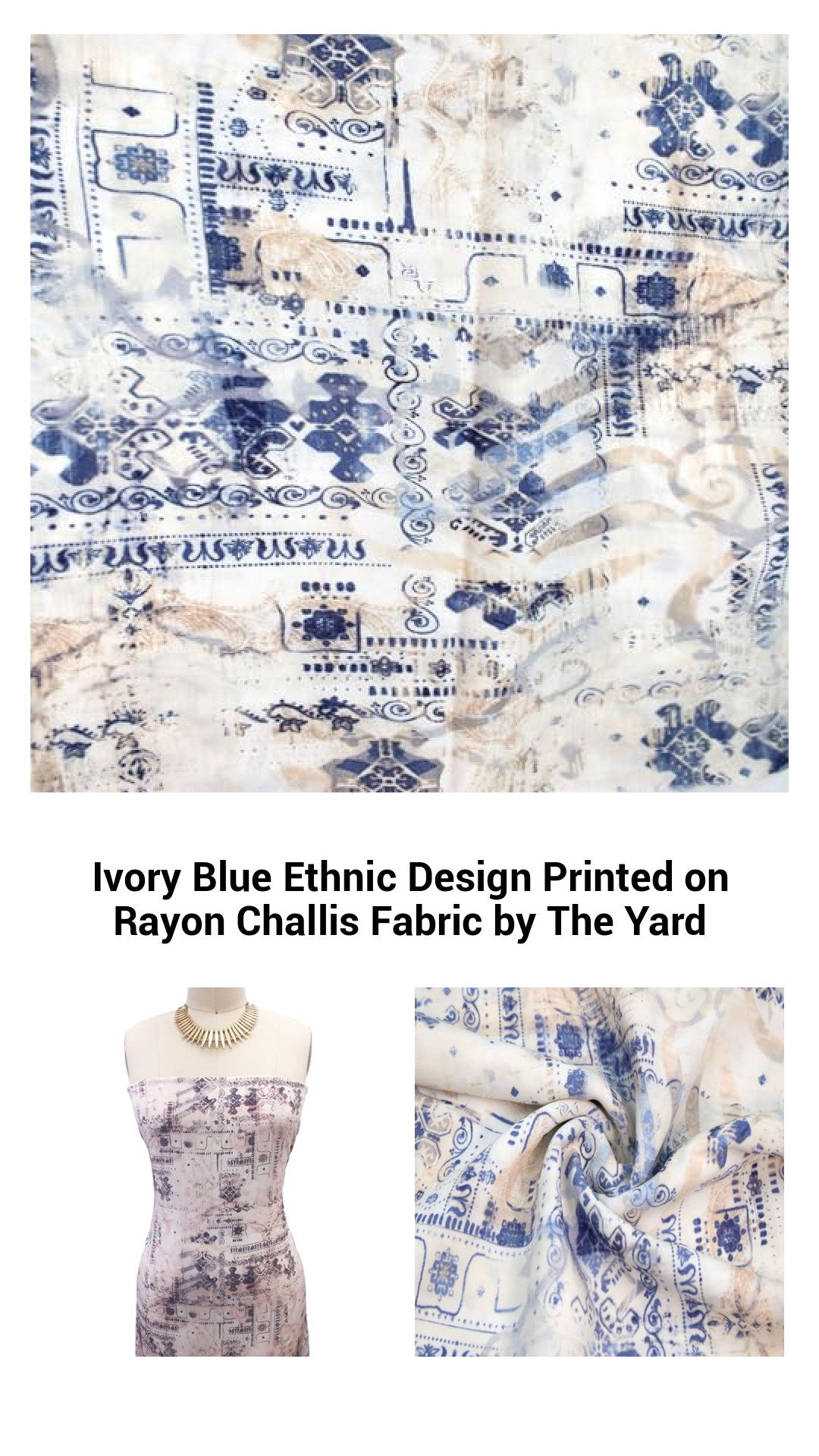 Exquisite Ivory Blue Ethnic Print Rayon Challis Fabric - Perfect for Fashion and Home Decor, Sold by the Yard