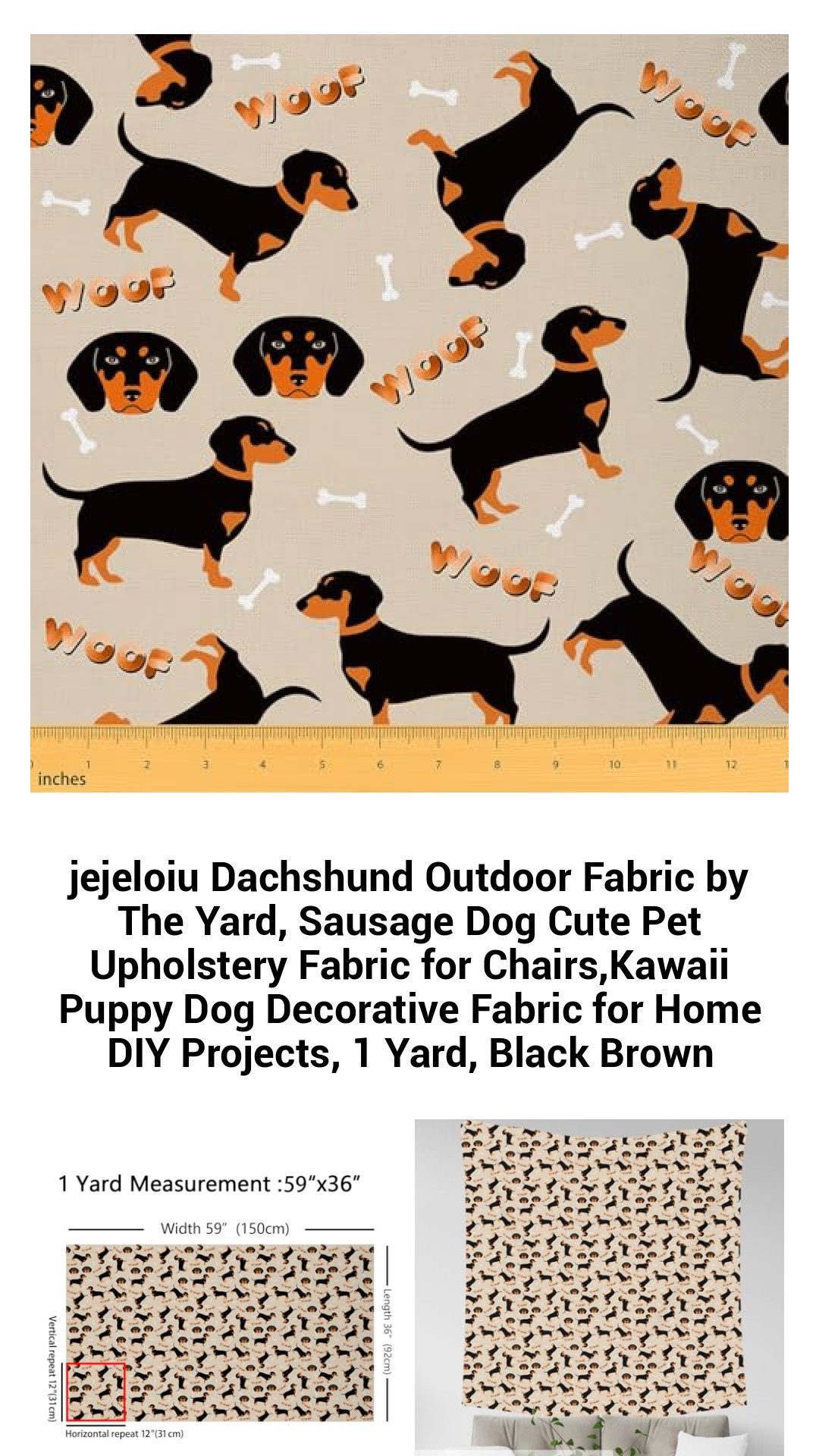Delightful Dachshund Outdoor Fabric by The Yard – Adorable Sausage Dog Upholstery Fabric for DIY Projects, Chairs, and Home Decor – Waterproof Kawaii Puppy Print for Indoor and Outdoor Use