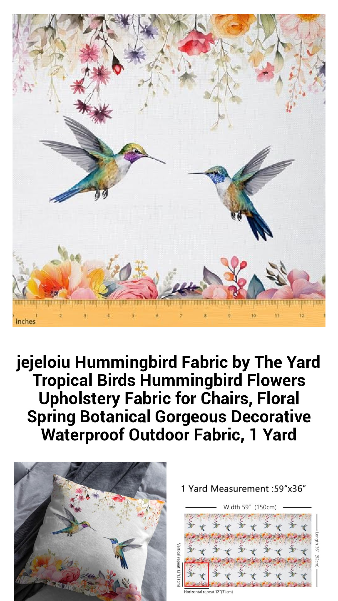 Vibrant Hummingbird Fabric by the Yard - Waterproof Tropical Floral Upholstery Fabric for Indoor & Outdoor Decor
