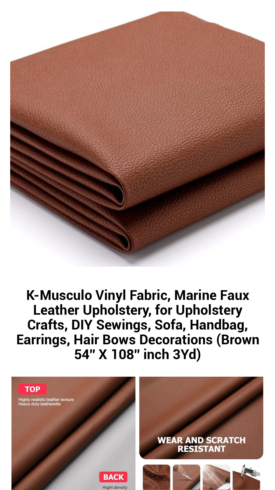 Premium Marine Faux Leather Upholstery Fabric – Durable Vinyl for Crafting, DIY Projects, and Stylish Home Décor (Brown – 54” x 108”)