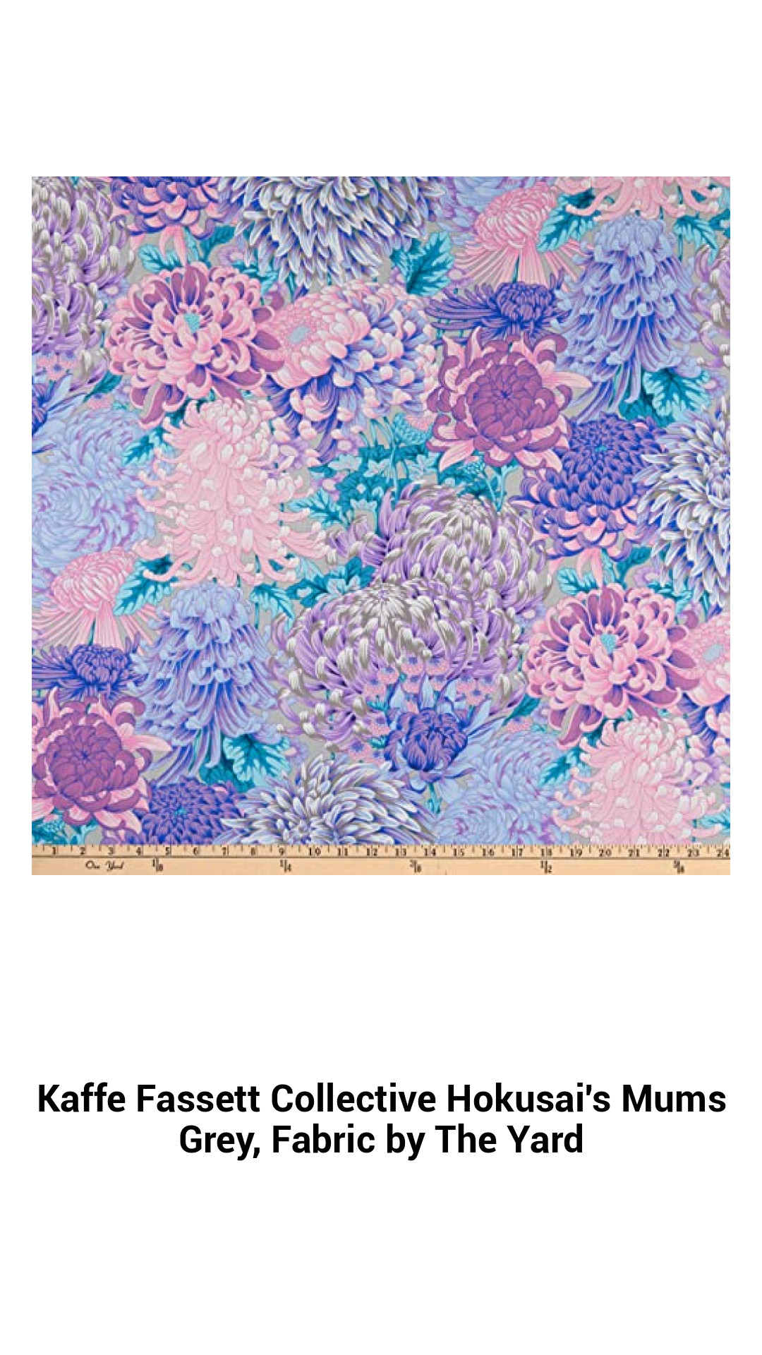 Hokusai's Mums in Grey - Premium Lightweight Cotton Fabric by The Yard for Quilting and Crafts