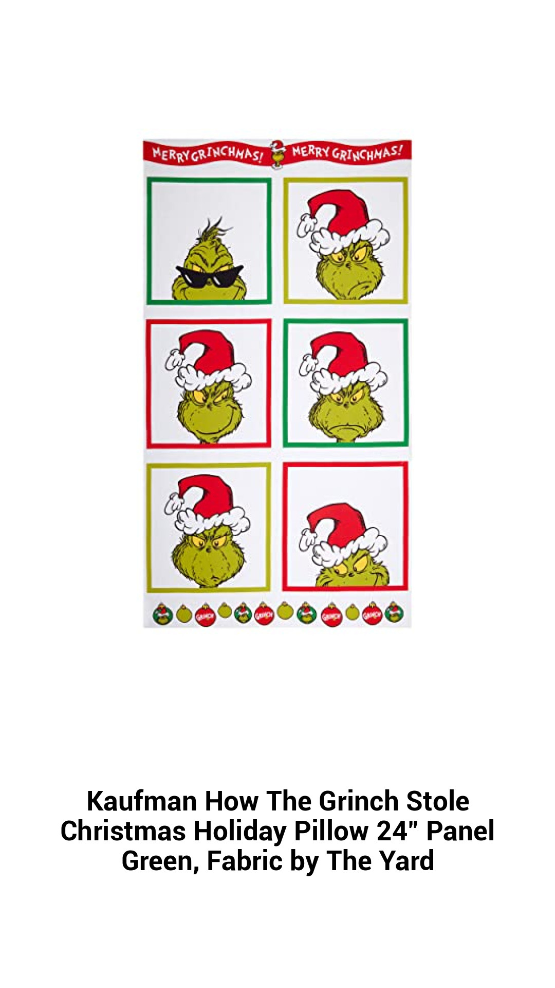 Grinch-Inspired 24" Holiday Pillow Fabric Panel - Festive Green Cotton for Quilting and Crafting