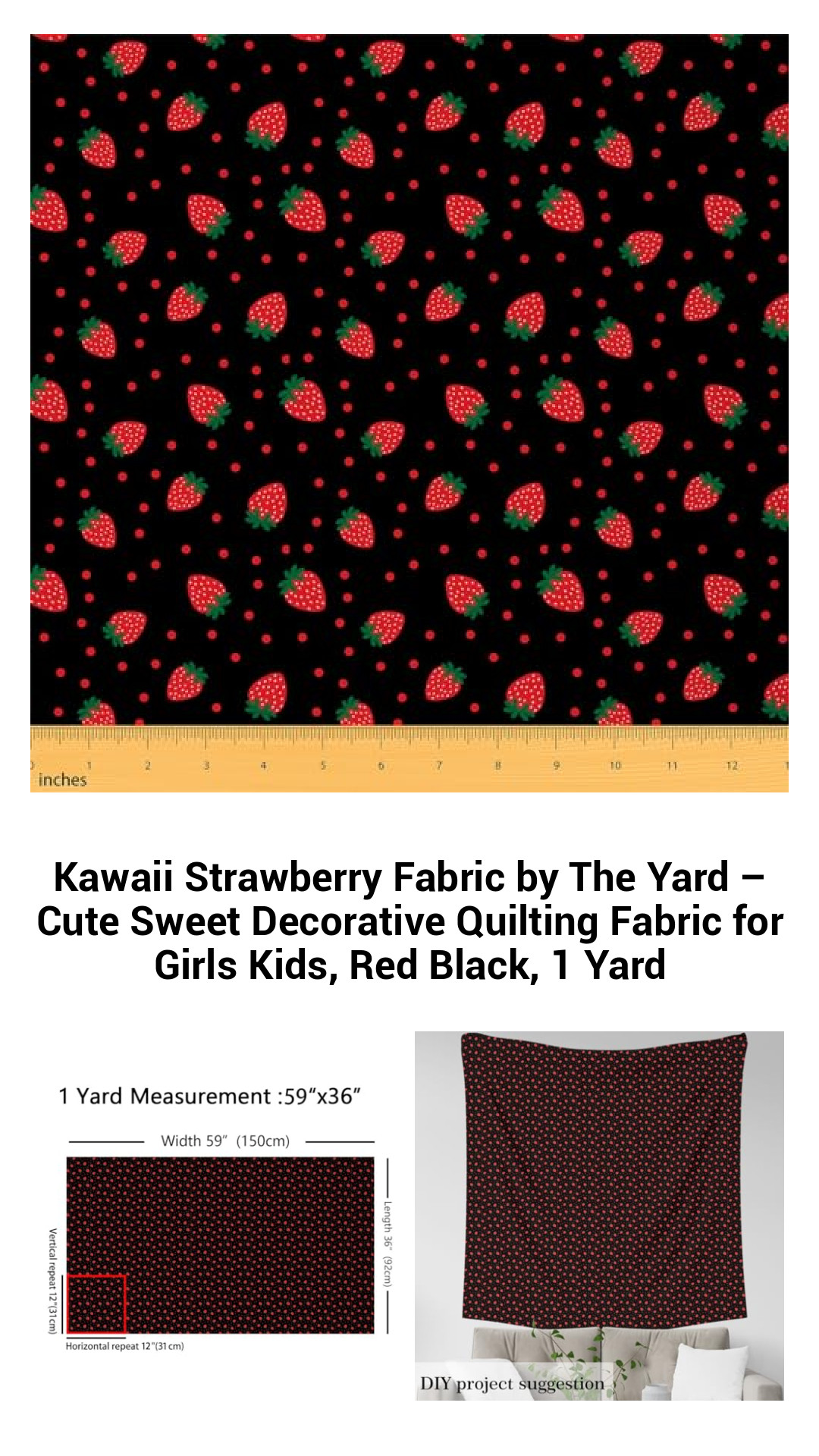 Adorable Kawaii Strawberry Fabric by The Yard – Fun and Versatile Quilting Material for Kids and Craft Lovers, Red and Black, 1 Yard