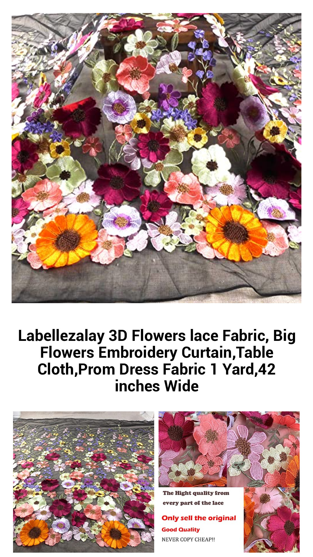 Exquisite 3D Floral Lace Fabric - Vibrant Embroidered Curtain, Table Cloth & Dress Material - 1 Yard of 42-Inch Wide Elegance