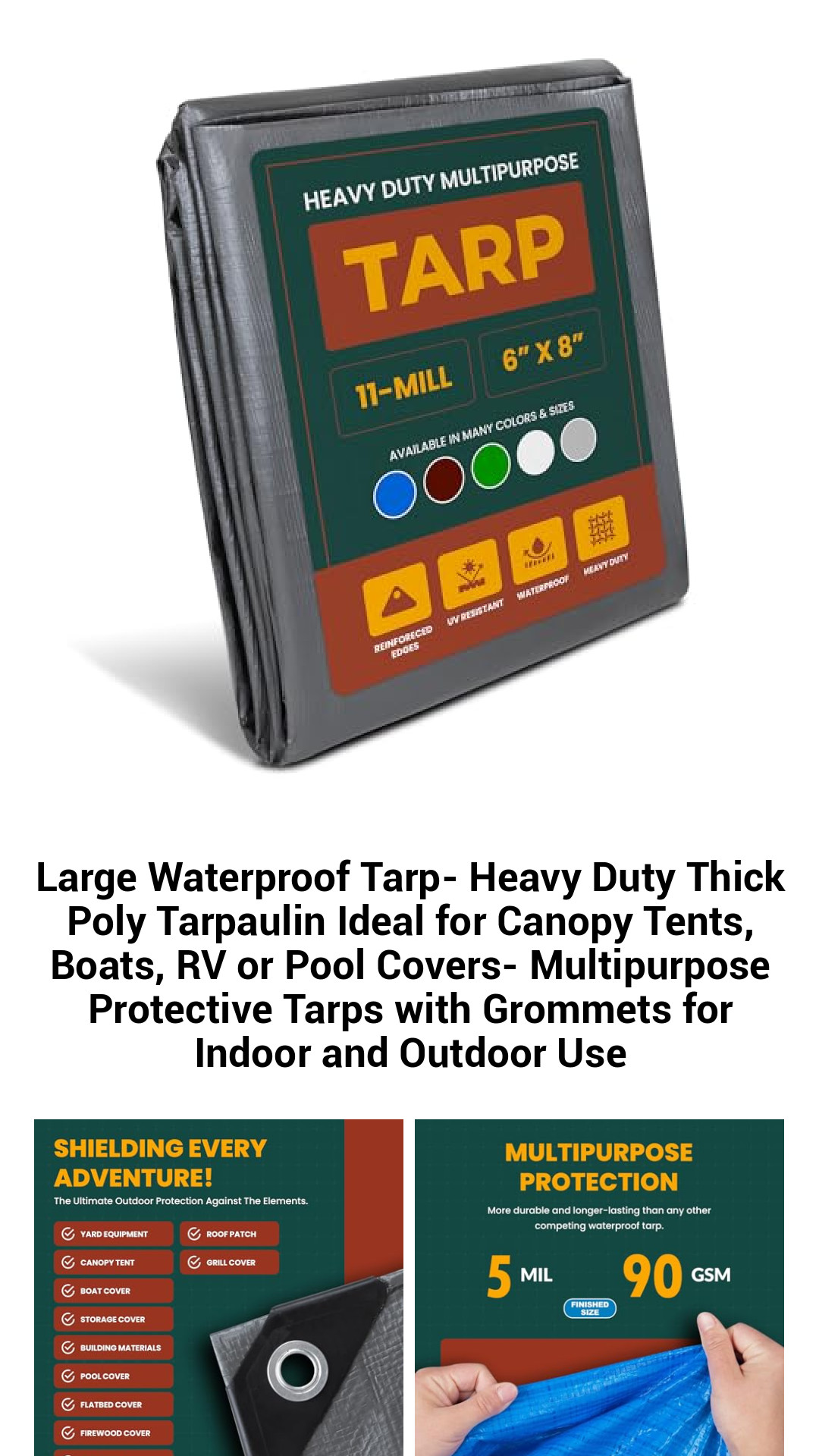 Heavy Duty Waterproof Tarp – Versatile Thick Poly Tarpaulin for All Weather Protection – Ideal for Canopy Tents, Boats, RVs, and Pool Covers with Reinforced Grommets for Indoor and Outdoor Use