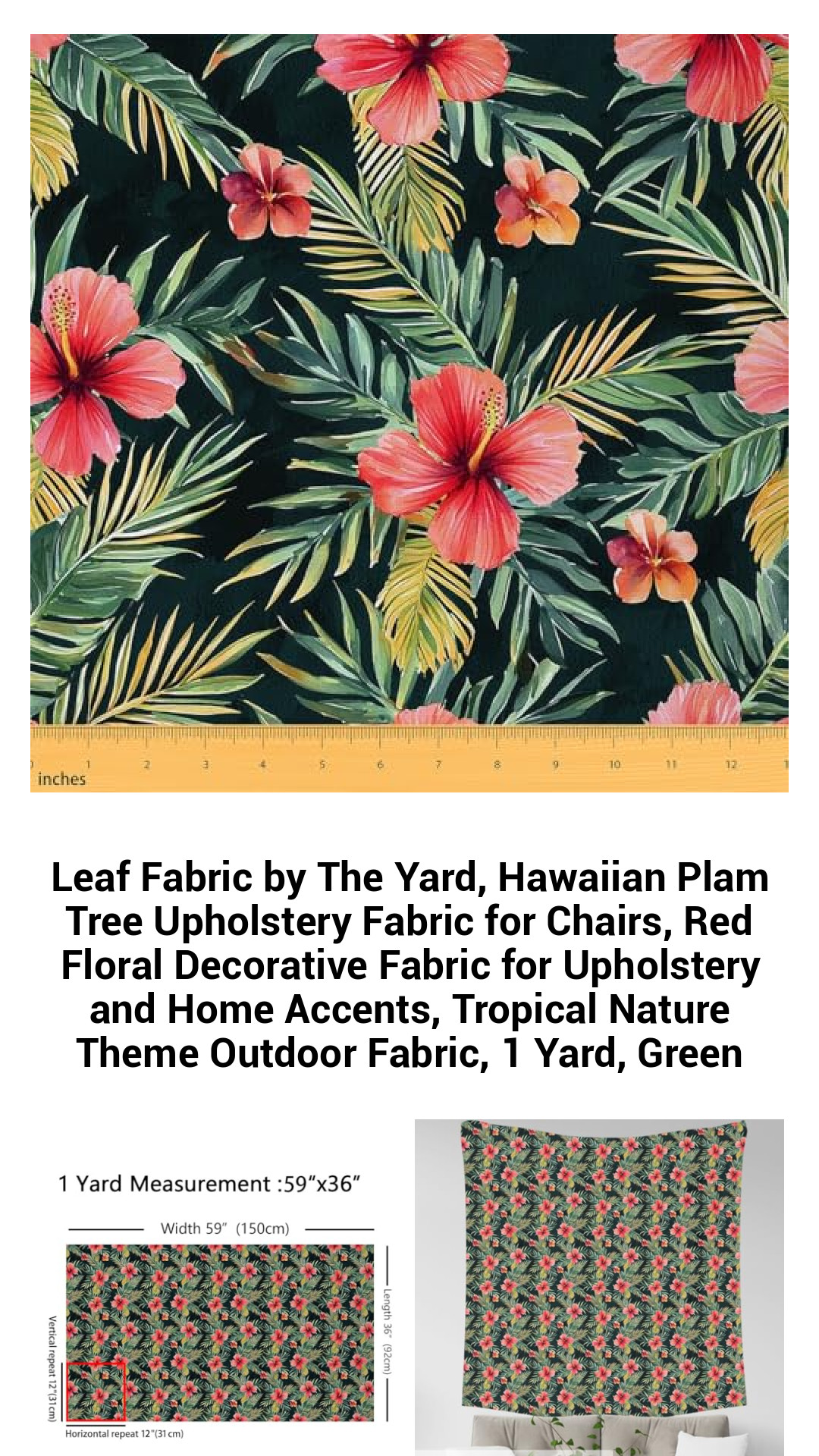 Vibrant Hawaiian Palm Tree Upholstery Fabric – Tropical Red Floral Design by the Yard for Indoor and Outdoor Creations