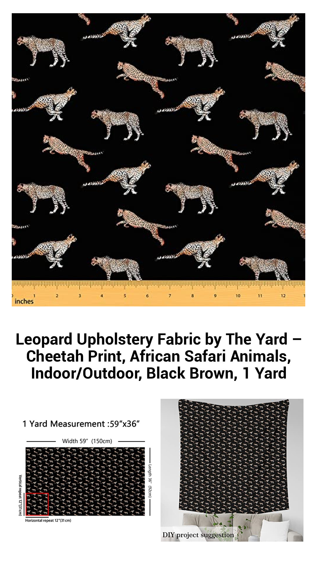 Leopard Upholstery Fabric by The Yard – Cheetah Print, African Safari Animals, Indoor/Outdoor, Black Brown, 1 Yard Leopard Upholstery Fabric by The Yard – Cheetah Print, African Safari Animals, Indoor/Outdoor, Black Brown, 1 Yard