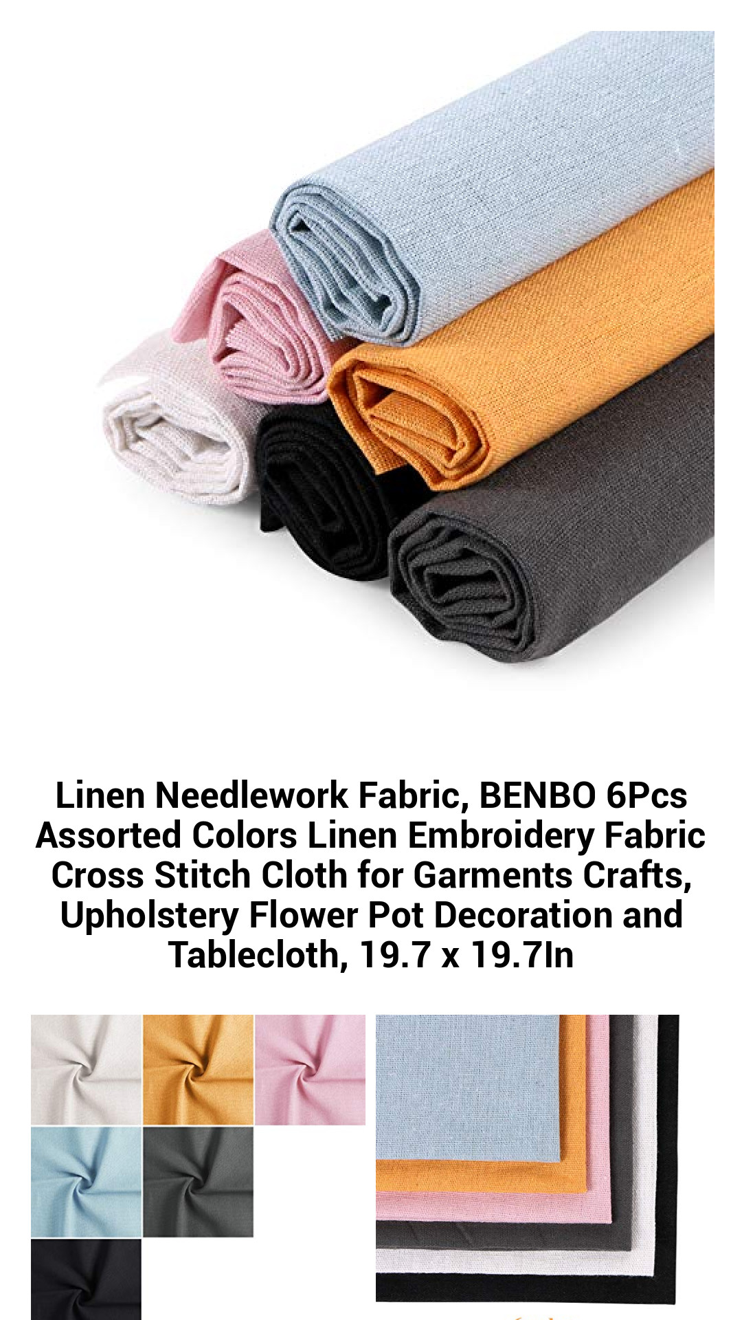 Vibrant 6-Piece Linen Embroidery Fabric Set - Assorted Colors for Crafting, Sewing, and Home Décor - 19.7 x 19.7 Inches