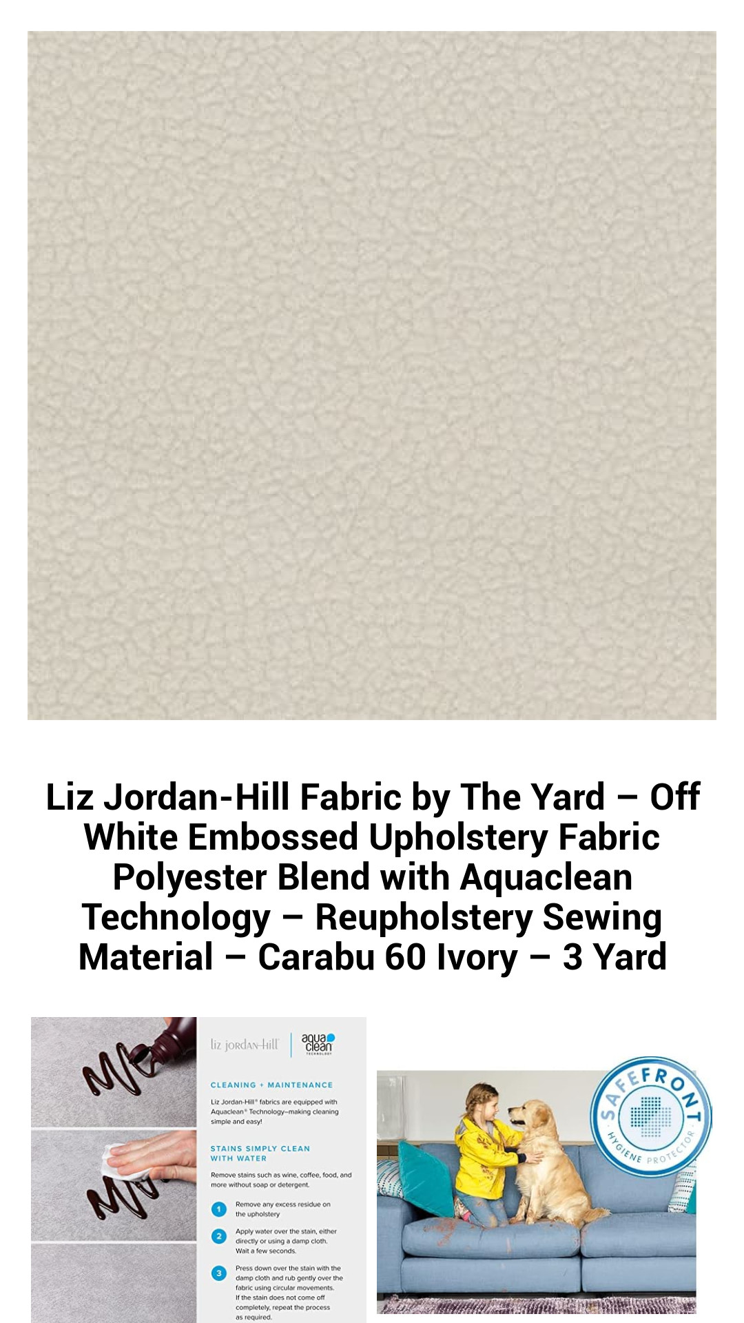 Luxurious Off-White Embossed Upholstery Fabric with Aquaclean Technology – Durable Polyester Blend for Reupholstery and DIY Projects – 3 Yards of Carabu 60 Ivory