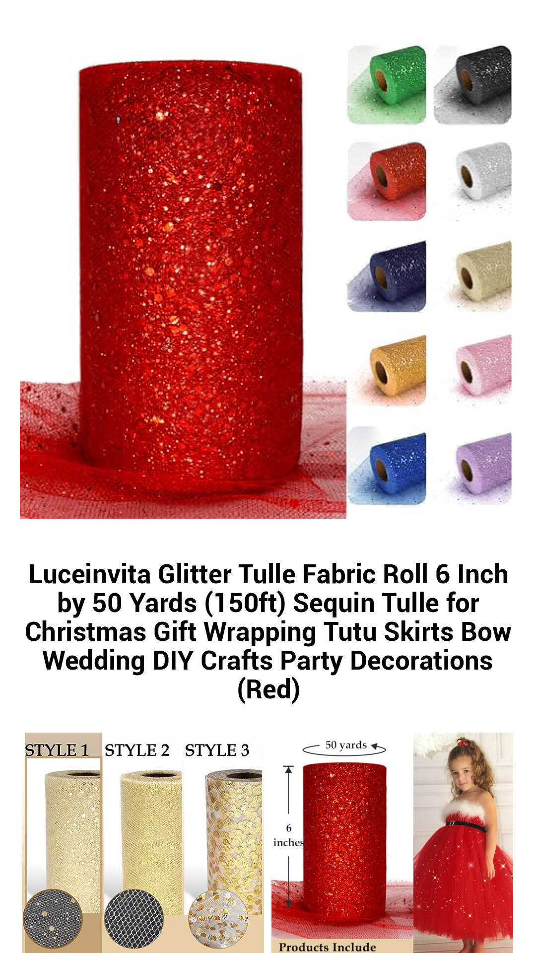 Sparkling Red Glitter Tulle Fabric Roll - 6 Inch x 50 Yards Sequin Mesh for Festive Gift Wrapping, Tutu Skirts, Weddings & DIY Party Decor