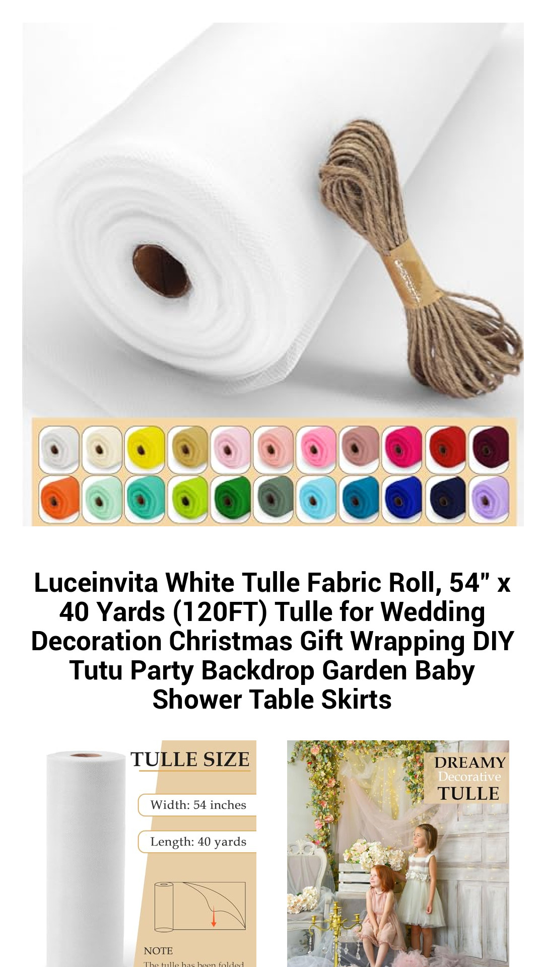 Premium White Tulle Fabric Roll – 54" x 40 Yards (120FT) for Weddings, Gift Wrapping, DIY Crafts, Party Decor, and More