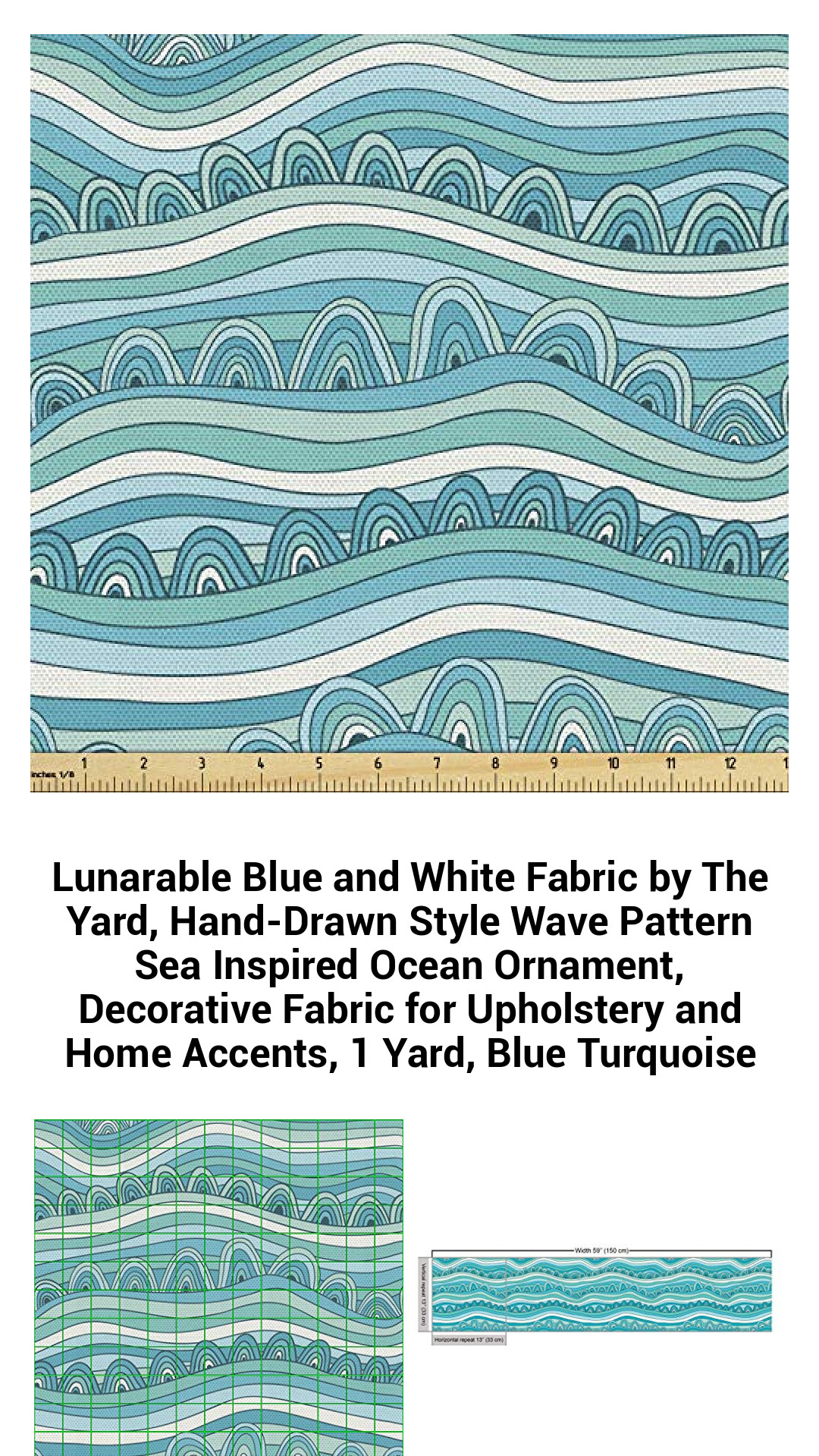 Lunarable Blue and White Fabric by The Yard, Hand-Drawn Style Wave Pattern Sea Inspired Ocean Ornament, Decorative Fabric for Upholstery and Home Accents, 1 Yard, Blue Turquoise Lunarable Blue and White Fabric by The Yard, Hand-Drawn Style Wave Pattern Sea Inspired Ocean Ornament, Decorative Fabric for Upholstery and Home Accents, 1 Yard, Blue Turquoise
