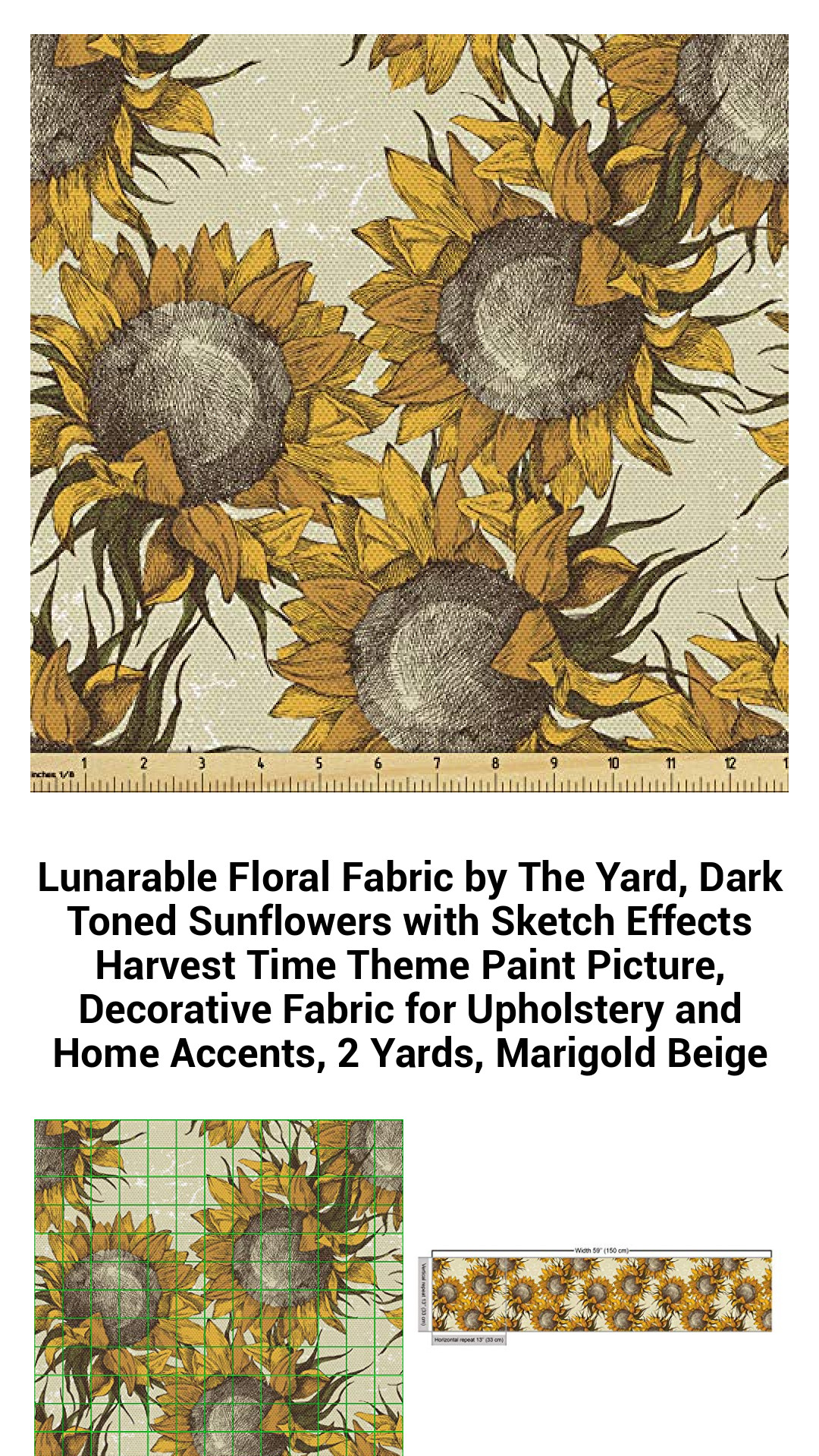 Lunarable Floral Fabric by The Yard, Dark Toned Sunflowers with Sketch Effects Harvest Time Theme Paint Picture, Decorative Fabric for Upholstery and Home Accents, 2 Yards, Marigold Beige Lunarable Floral Fabric by The Yard, Dark Toned Sunflowers with Sketch Effects Harvest Time Theme Paint Picture, Decorative Fabric for Upholstery and Home Accents, 2 Yards, Marigold Beige