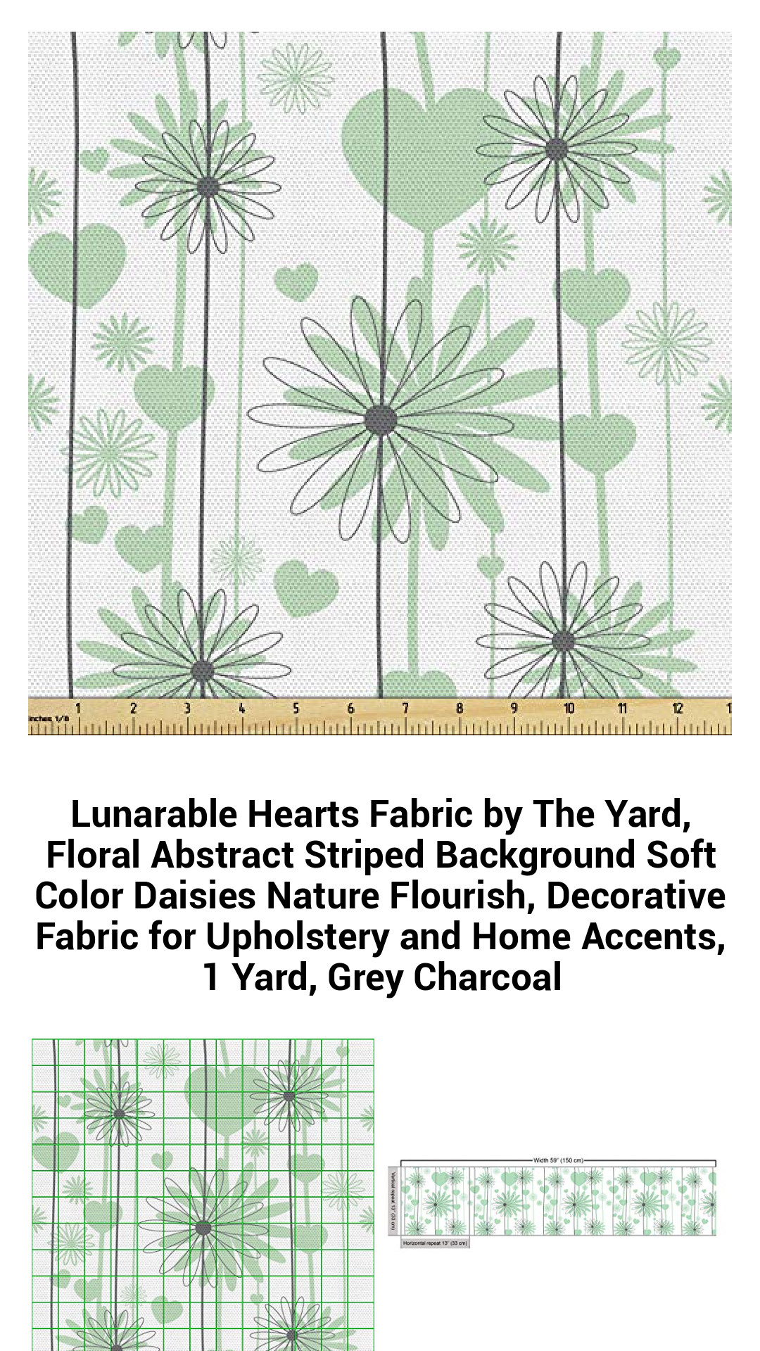 Premium Floral Striped Fabric by The Yard – Soft Charcoal Daisies for Upholstery & Home Decor