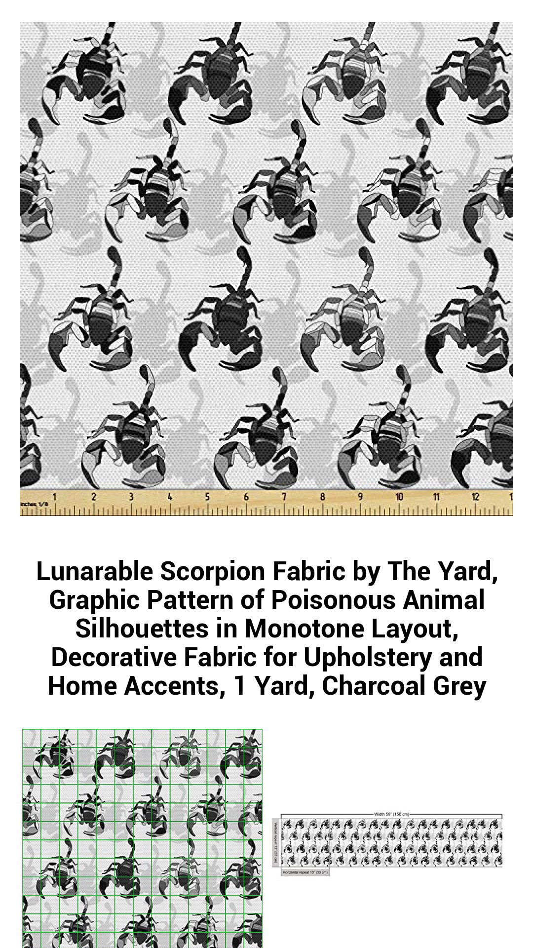 Charcoal Grey Scorpion Fabric by the Yard - Striking Monotone Pattern for Upholstery and Home Decor