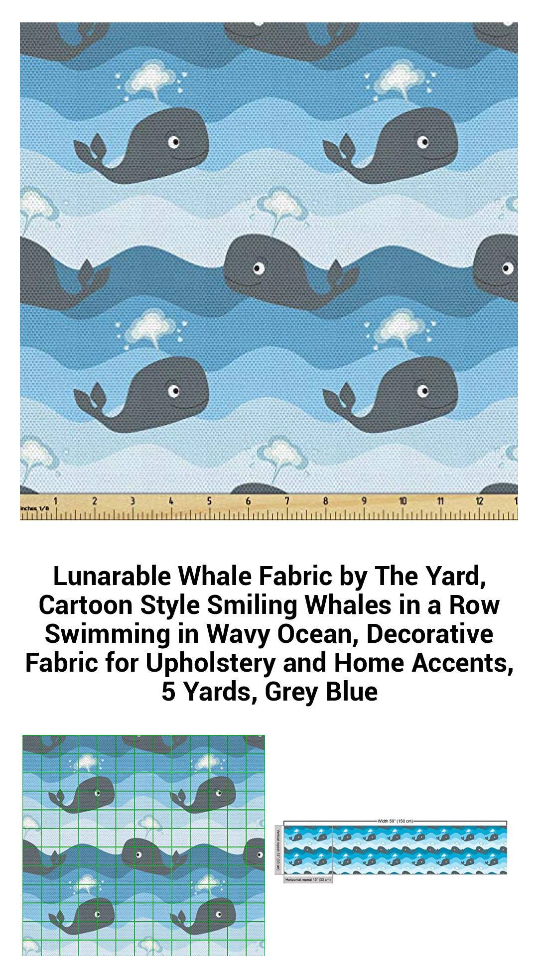 Lunarable Whale Fabric by The Yard, Cartoon Style Smiling Whales in a Row Swimming in Wavy Ocean, Decorative Fabric for Upholstery and Home Accents, 5 Yards, Grey Blue Lunarable Whale Fabric by The Yard, Cartoon Style Smiling Whales in a Row Swimming in Wavy Ocean, Decorative Fabric for Upholstery and Home Accents, 5 Yards, Grey Blue