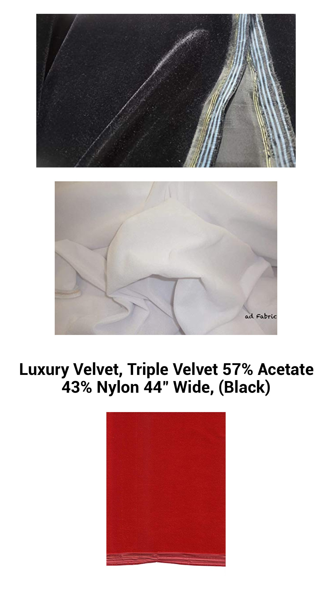 Exquisite Black Triple Velvet Fabric - 44" Wide Premium Plush Blend of 57% Acetate & 43% Nylon for Elegant Creations