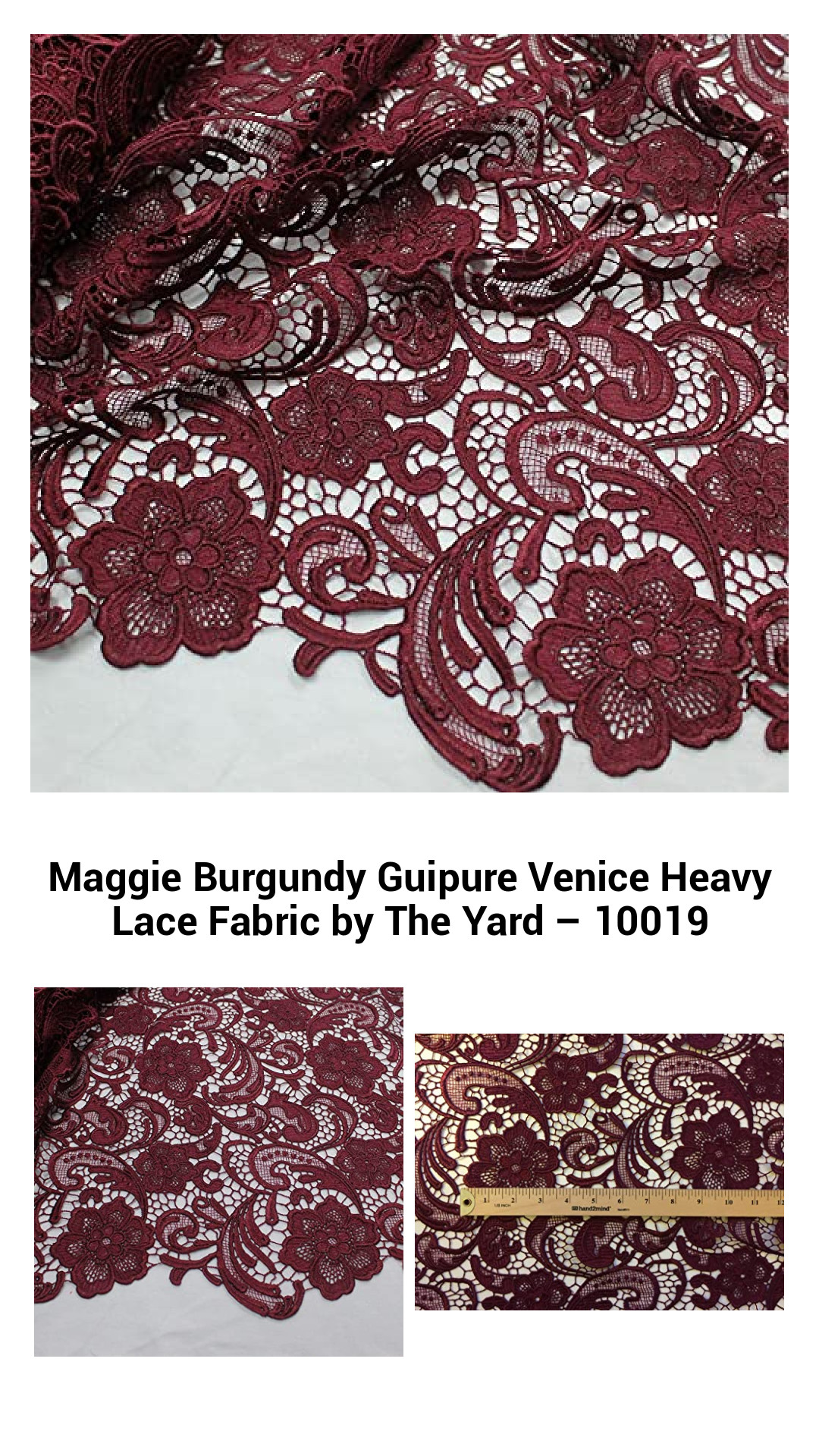 Exquisite Burgundy Guipure Venice Lace Fabric by the Yard – Luxurious Heavyweight Polyester for Elegant Creations