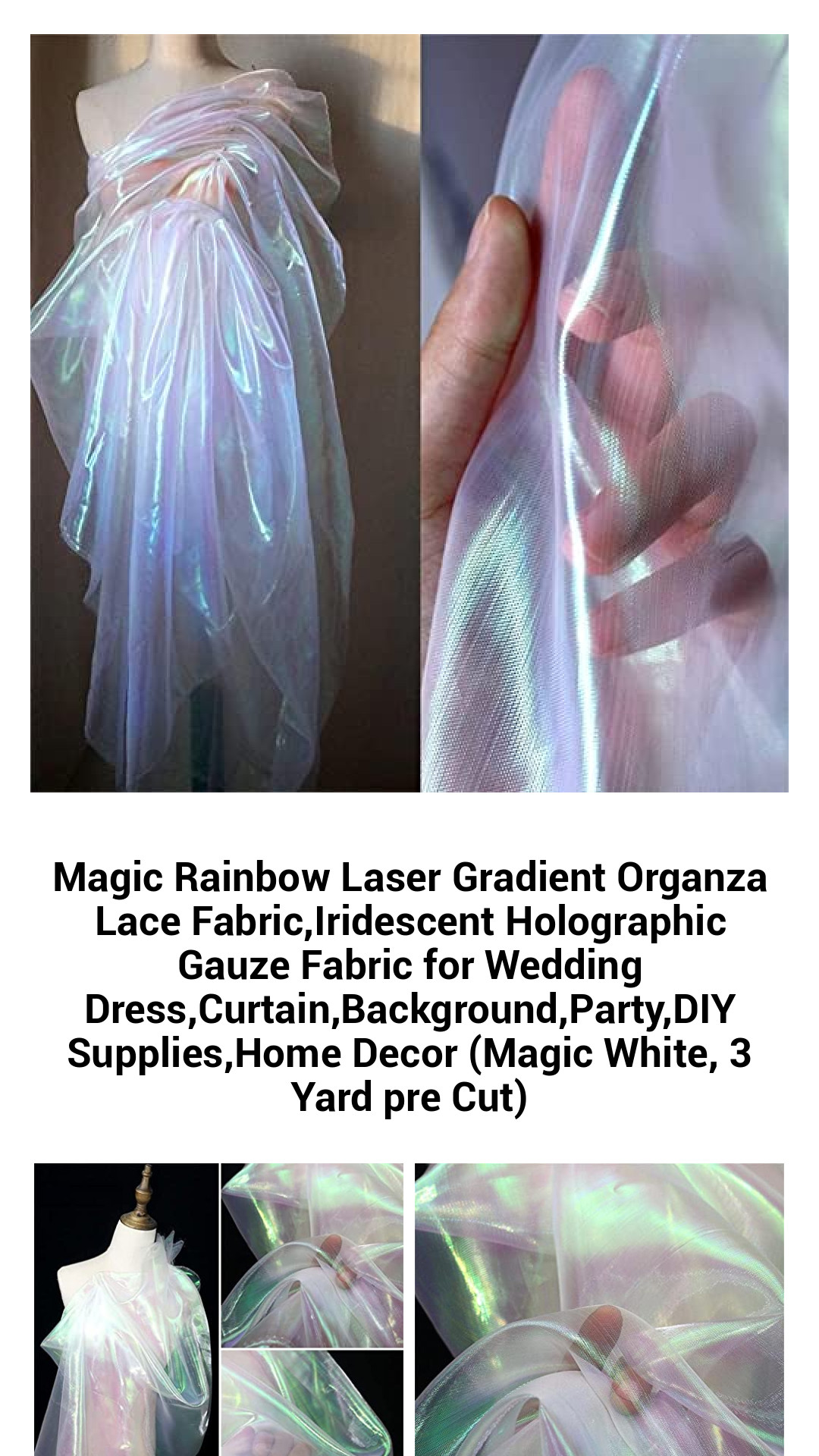 Iridescent Holographic Organza Lace Fabric - Magical Rainbow Gradient for Weddings, Parties, DIY Projects, and Home Decor (3 Yards, Pre-Cut)