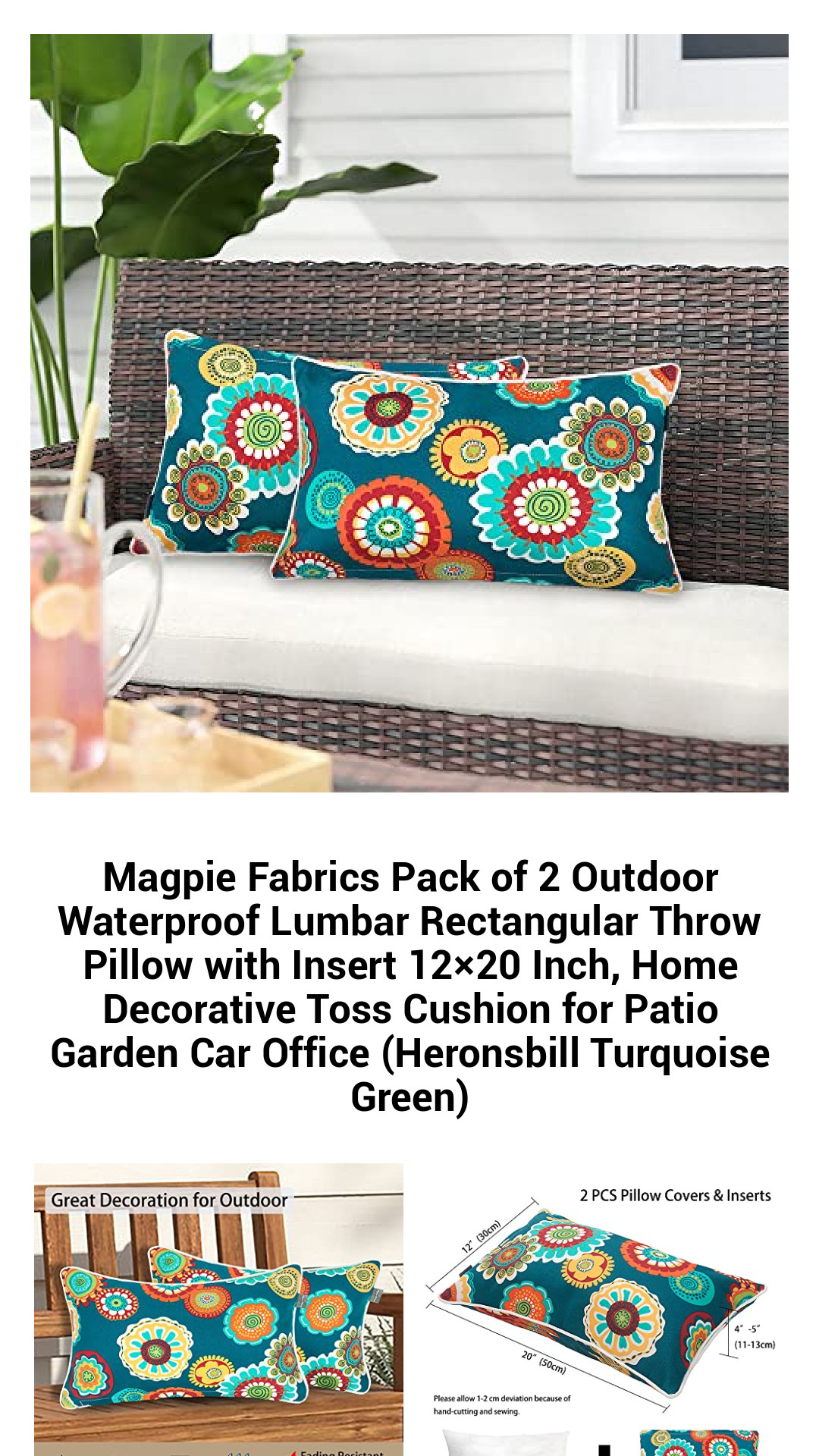 Magpie Fabrics Pack of 2 Outdoor Waterproof Lumbar Rectangular Throw Pillow with Insert 12×20 Inch, Home Decorative Toss Cushion for Patio Garden Car Office (Heronsbill Turquoise Green) Magpie Fabrics Pack of 2 Outdoor Waterproof Lumbar Rectangular Throw Pillow with Insert 12×20 Inch, Home Decorative Toss Cushion for Patio Garden Car Office (Heronsbill Turquoise Green)