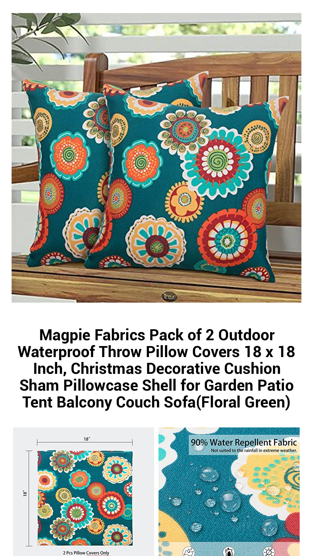 Stylish Pack of 2 Waterproof Outdoor Pillow Covers - 18x18 Inch Floral Green Cushions for Garden, Patio, and Home Decor