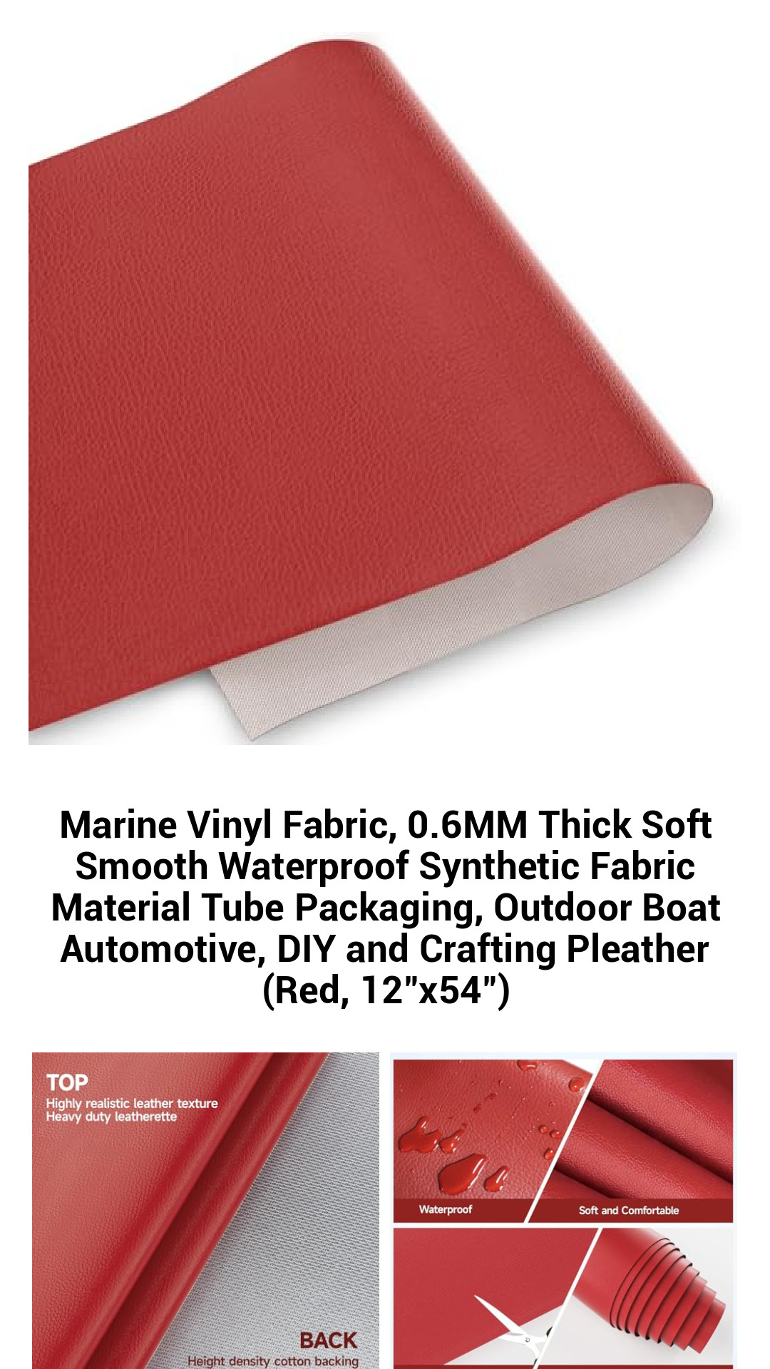 Premium Waterproof Marine Vinyl Fabric - 0.6MM Heavy-Duty Soft Pleather for Outdoor & DIY Projects (Red, 12"x54")