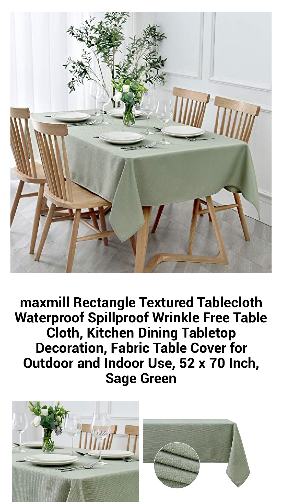 Elegant Sage Green Textured Rectangle Tablecloth - Waterproof, Spillproof, and Wrinkle-Free Fabric Cover for Indoor & Outdoor Dining - 52 x 70 Inches