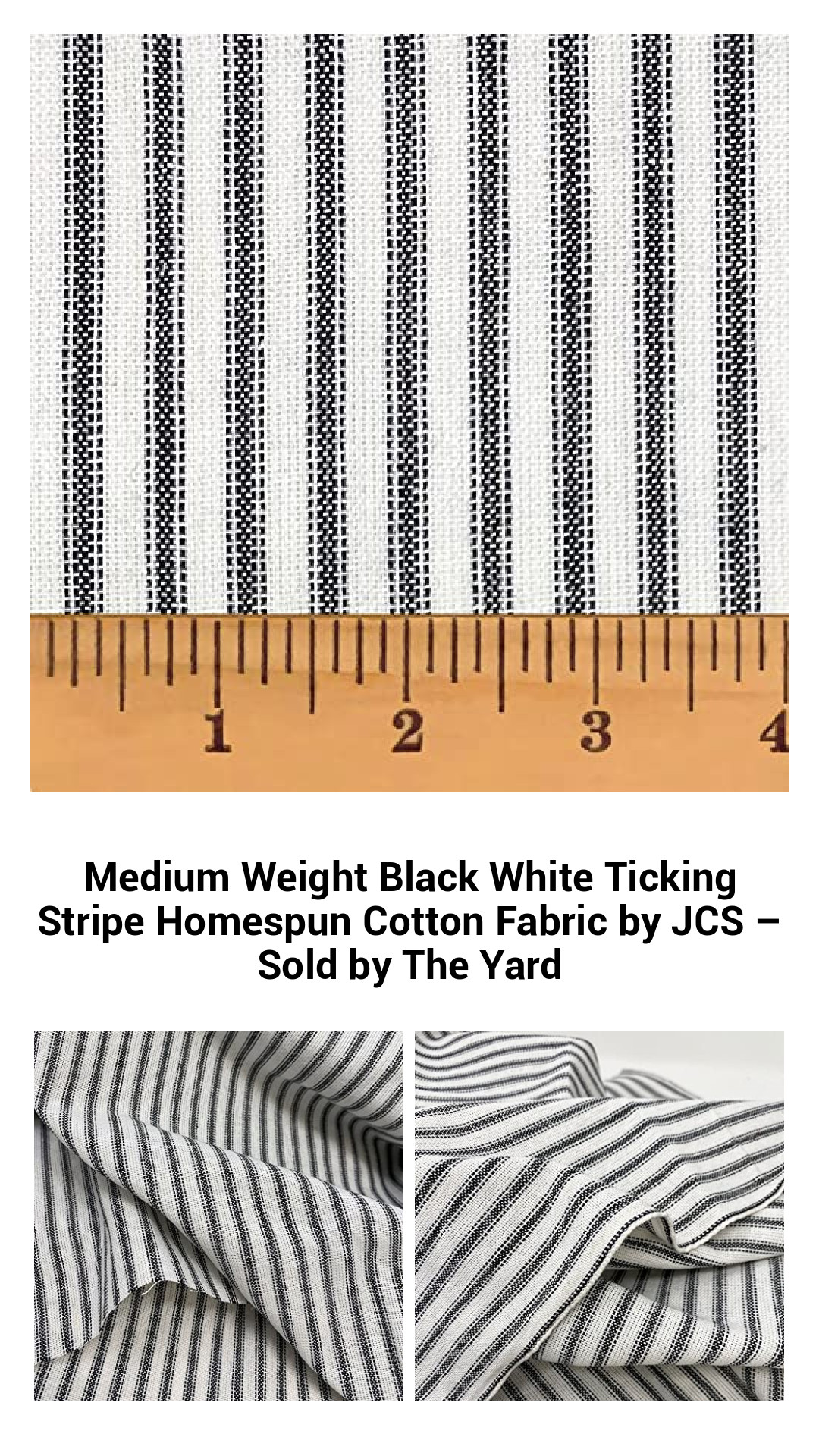 Premium Medium Weight Black and White Ticking Stripe Cotton Fabric – Versatile Homespun Material Sold by the Yard for Crafting and Quilting