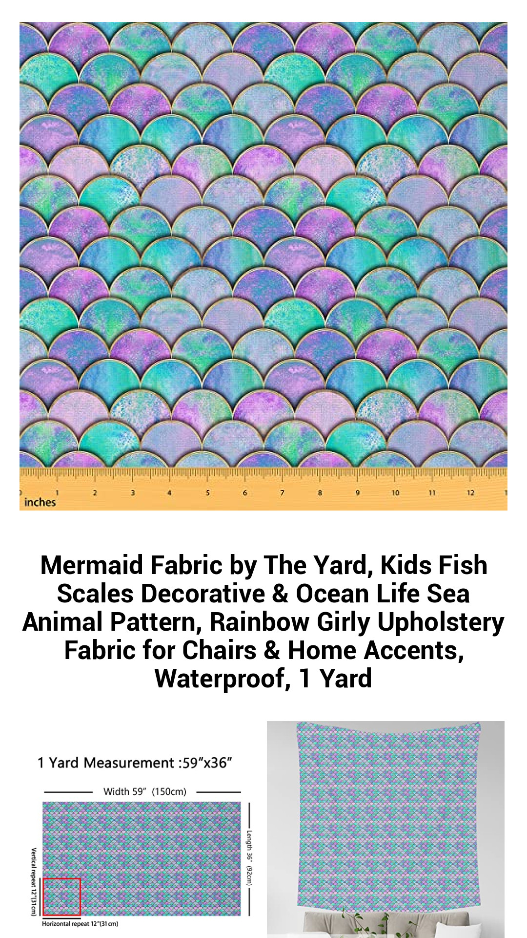 Enchanting Mermaid Fabric by the Yard – Vibrant Ocean Life & Fish Scales Upholstery Fabric for Kids' Décor, Waterproof & Versatile for Home Projects