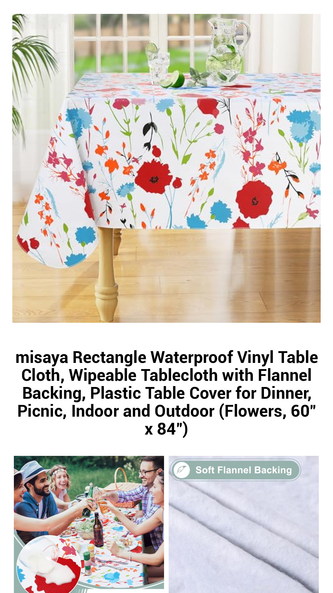 Stylish Waterproof Vinyl Tablecloth with Soft Flannel Backing - Perfect for Indoor and Outdoor Dining, 60" x 84" Floral Design