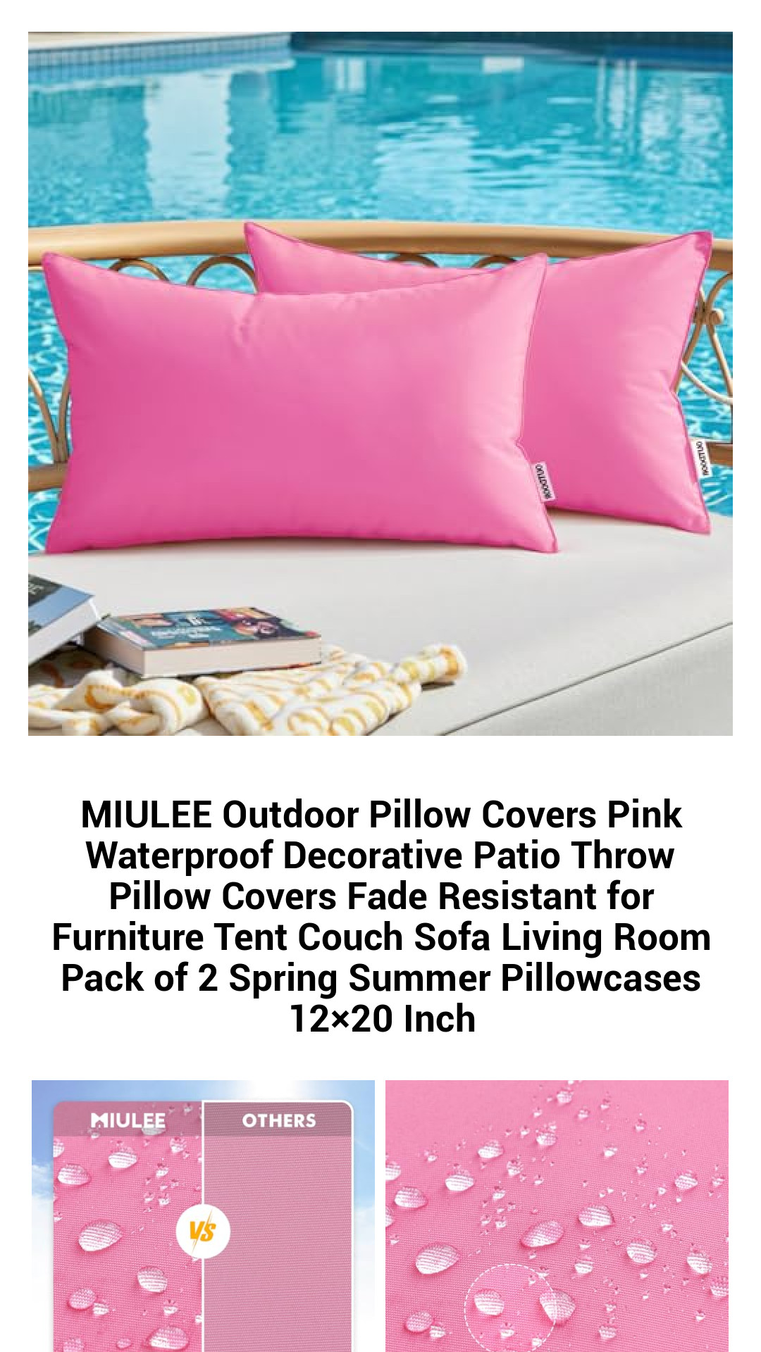 Waterproof Pink Outdoor Pillow Covers – Stylish Fade-Resistant Throw Pillow Cases for Garden, Patio, Sofa & Living Room – Pack of 2, 12x20 Inch
