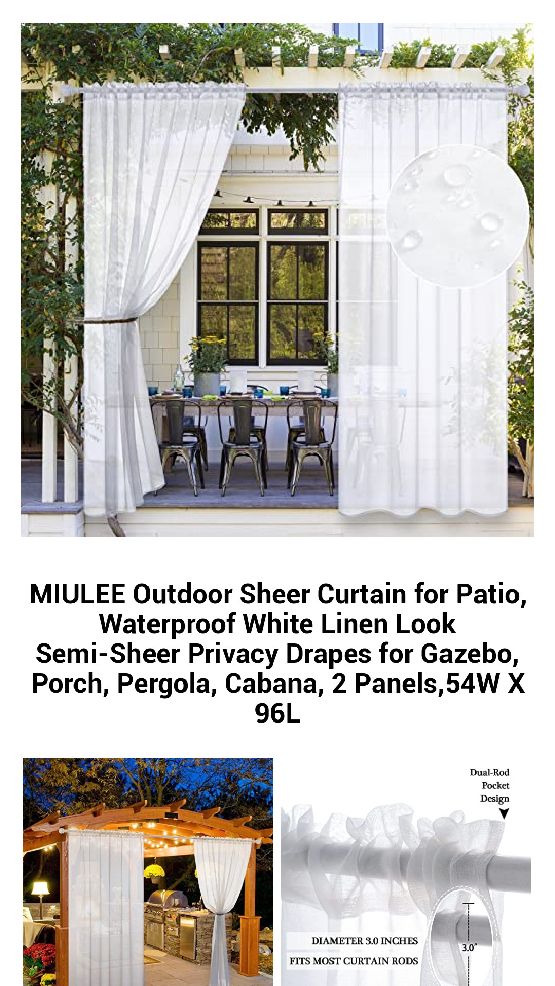 MIULEE Premium Outdoor Semi-Sheer Curtains - Waterproof White Linen Look Drapes for Patios, Gazebos, and Pergolas - Set of 2 Panels (54W x 96L) for Elegant Outdoor Living