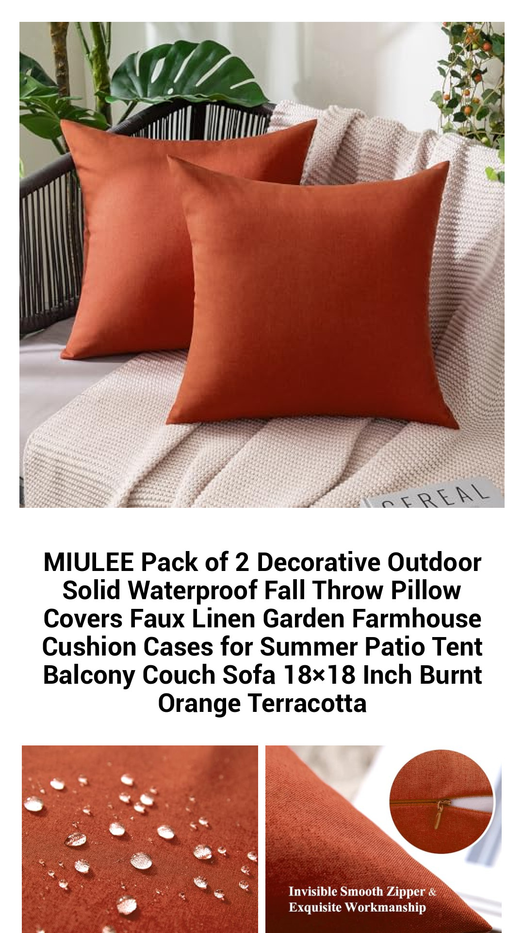 Stylish Waterproof Outdoor Pillow Covers - Set of 2 Burnt Orange Garden Cushions for All-Season Comfort and Vivid Décor