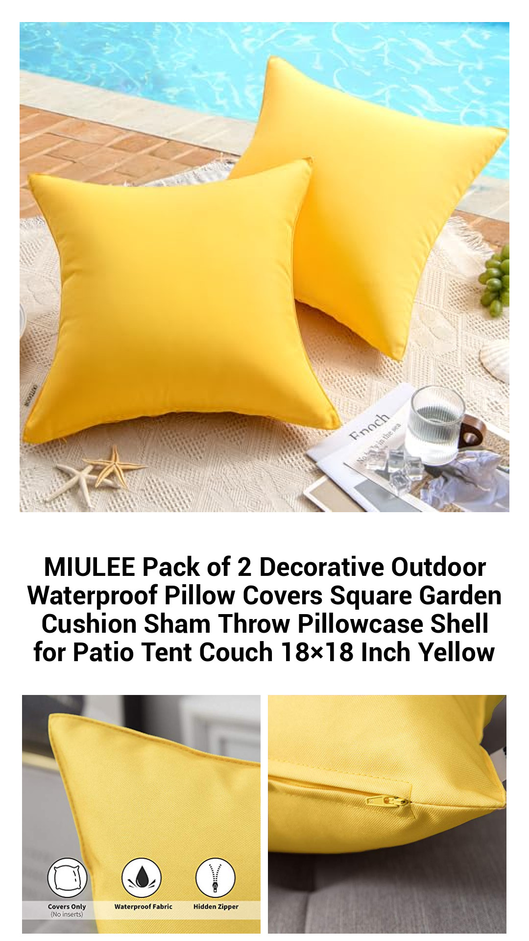 Stylish Waterproof Outdoor Pillow Covers - Set of 2 Square 18x18 Cushions for Garden, Patio, and Couch - Bright Yellow Decorative Throw Pillowcases