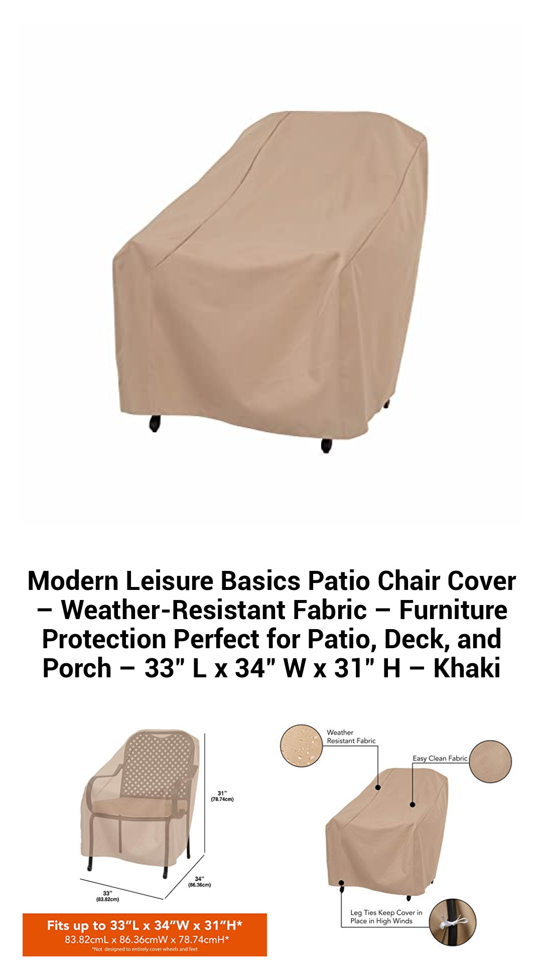 Modern Leisure Basics Patio Chair Cover – Weather-Resistant Fabric – Furniture Protection Perfect for Patio, Deck, and Porch – 33" L x 34" W x 31" H – Khaki Modern Leisure Basics Patio Chair Cover – Weather-Resistant Fabric – Furniture Protection Perfect for Patio, Deck, and Porch – 33" L x 34" W x 31" H – Khaki