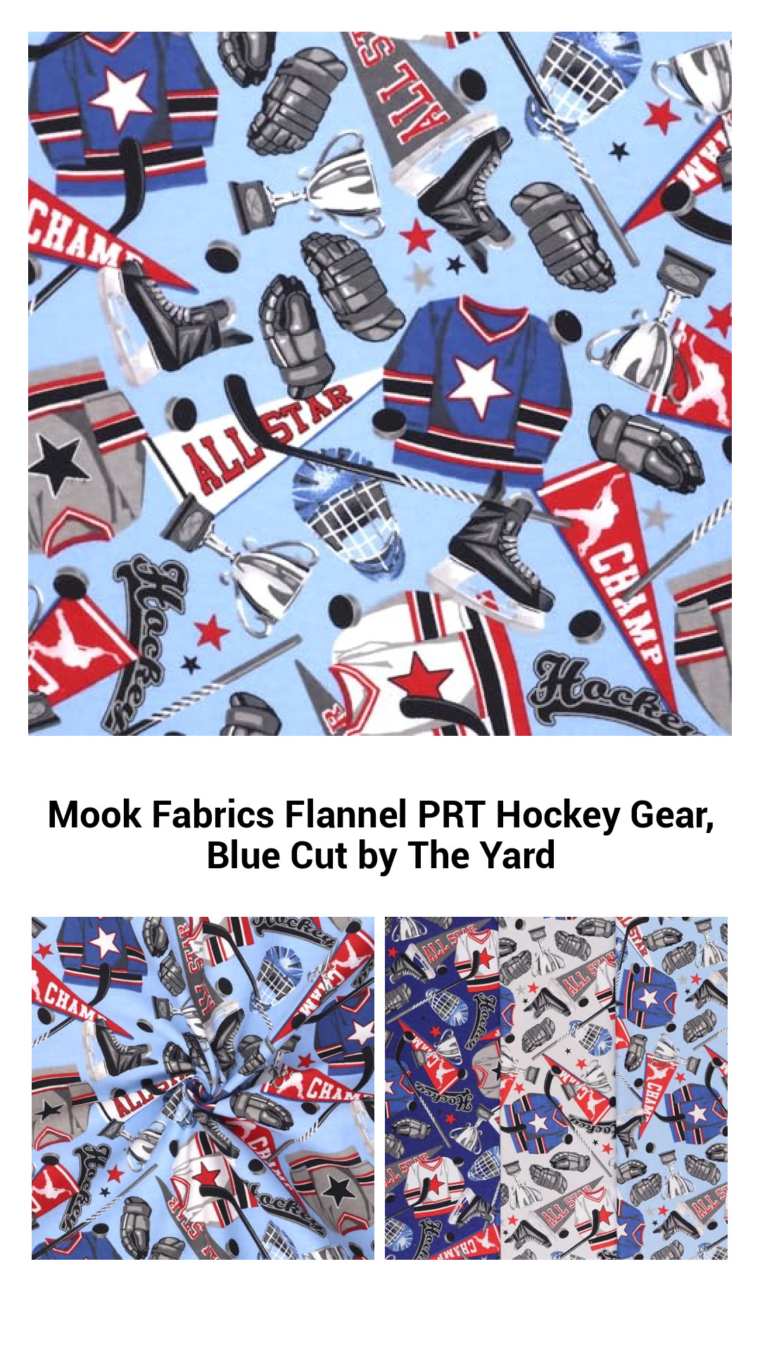 Mook Fabrics Flannel PRT Hockey Gear, Blue Cut by The Yard Mook Fabrics Flannel PRT Hockey Gear, Blue Cut by The Yard