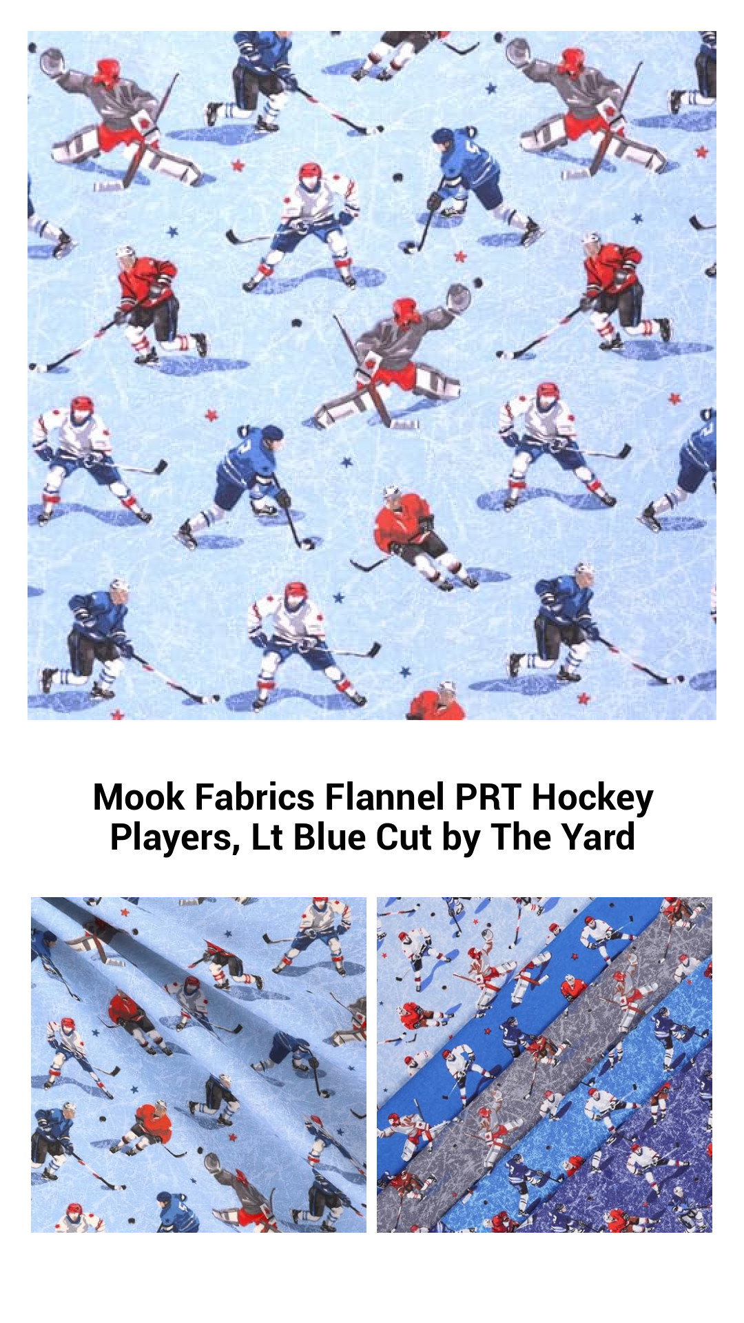Mook Fabrics Flannel PRT Hockey Players, Lt Blue Cut by The Yard Mook Fabrics Flannel PRT Hockey Players, Lt Blue Cut by The Yard