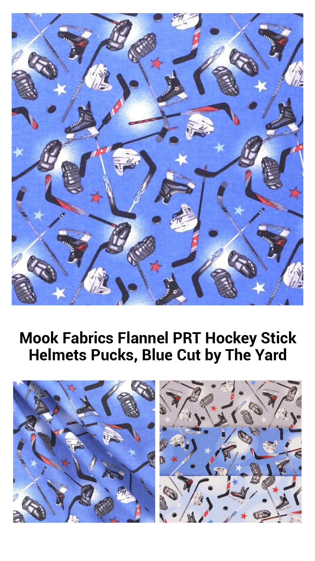Mook Fabrics Flannel PRT Hockey Stick Helmets Pucks, Blue Cut by The Yard Mook Fabrics Flannel PRT Hockey Stick Helmets Pucks, Blue Cut by The Yard
