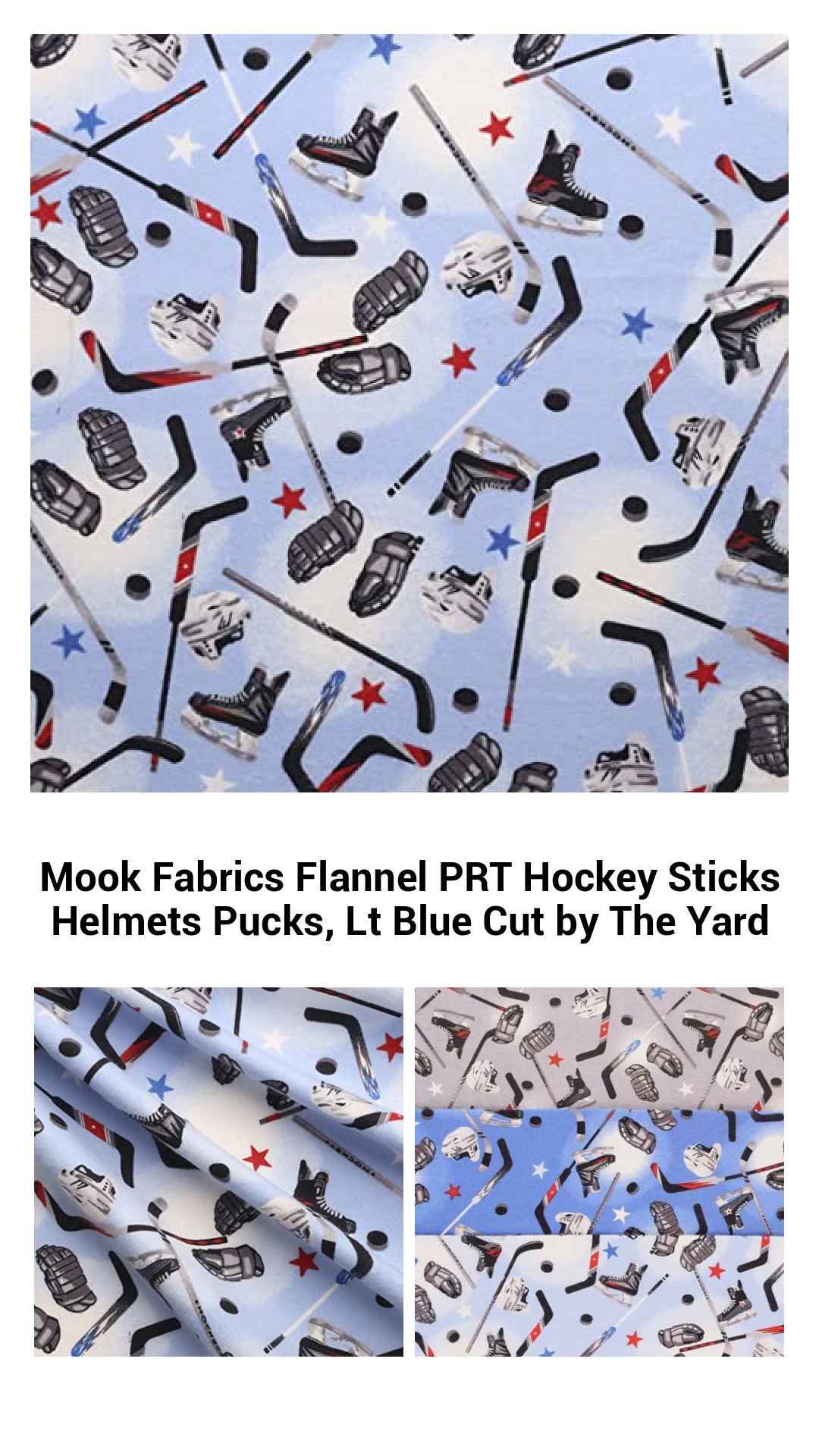 Premium Cotton Flannel Fabric with Hockey Sticks and Helmets Design in Light Blue - Perfect for Quilting, Apparel, and Home Décor - Sold by the Yard